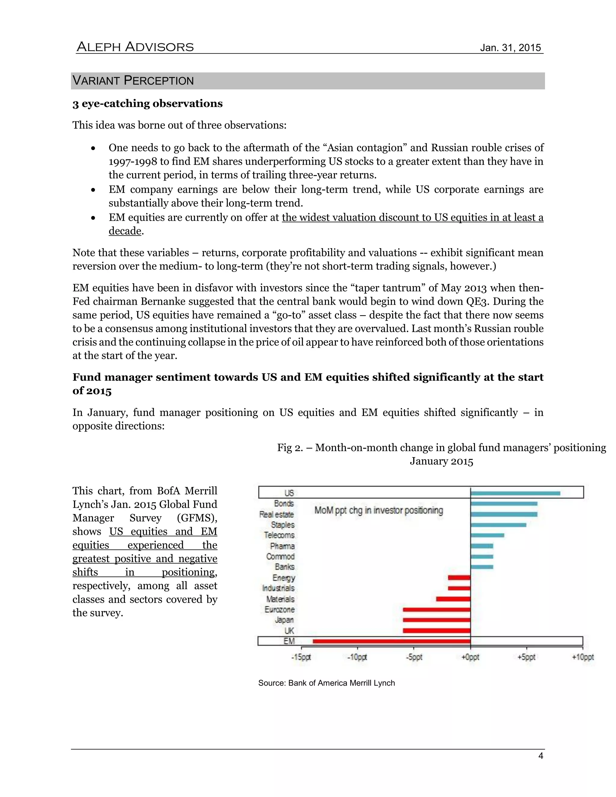 Aleph Advisors Jan. 31, 2015
4
VARIANT PERCEPTION
3 eye-catching observations
This idea was borne out of three observations:
 One needs to go back to the aftermath of the “Asian contagion” and Russian rouble crises of
1997-1998 to find EM shares underperforming US stocks to a greater extent than they have in
the current period, in terms of trailing three-year returns.
 EM company earnings are below their long-term trend, while US corporate earnings are
substantially above their long-term trend.
 EM equities are currently on offer at the widest valuation discount to US equities in at least a
decade.
Note that these variables – returns, corporate profitability and valuations -- exhibit significant mean
reversion over the medium- to long-term (they’re not short-term trading signals, however.)
EM equities have been in disfavor with investors since the “taper tantrum” of May 2013 when then-
Fed chairman Bernanke suggested that the central bank would begin to wind down QE3. During the
same period, US equities have remained a “go-to” asset class – despite the fact that there now seems
to be a consensus among institutional investors that they are overvalued. Last month’s Russian rouble
crisis and the continuing collapse in the price of oil appear to have reinforced both of those orientations
at the start of the year.
Fund manager sentiment towards US and EM equities shifted significantly at the start
of 2015
In January, fund manager positioning on US equities and EM equities shifted significantly – in
opposite directions:
This chart, from BofA Merrill
Lynch’s Jan. 2015 Global Fund
Manager Survey (GFMS),
shows US equities and EM
equities experienced the
greatest positive and negative
shifts in positioning,
respectively, among all asset
classes and sectors covered by
the survey.
Fig 2. – Month-on-month change in global fund managers’ positioning
January 2015
Source: Bank of America Merrill Lynch
 
