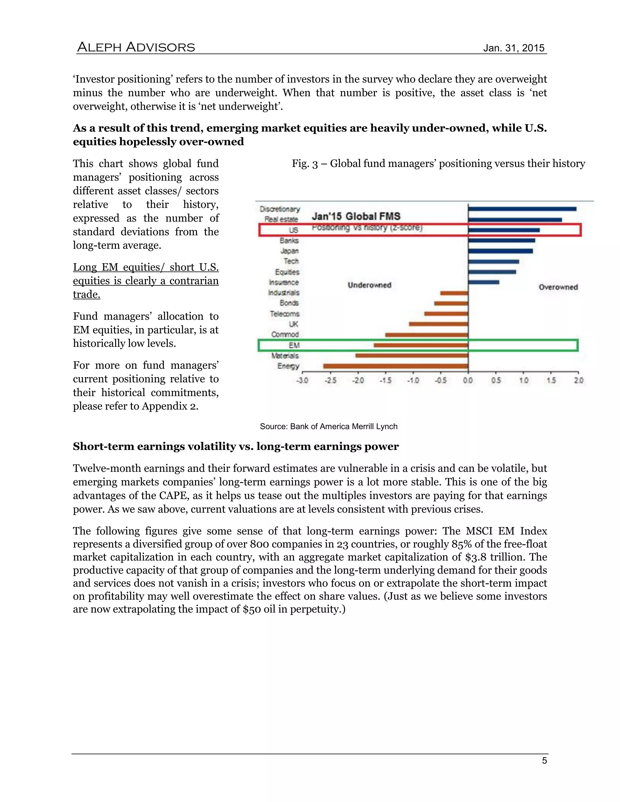 Aleph Advisors Jan. 31, 2015
5
‘Investor positioning’ refers to the number of investors in the survey who declare they are overweight
minus the number who are underweight. When that number is positive, the asset class is ‘net
overweight, otherwise it is ‘net underweight’.
As a result of this trend, emerging market equities are heavily under-owned, while U.S.
equities hopelessly over-owned
This chart shows global fund
managers’ positioning across
different asset classes/ sectors
relative to their history,
expressed as the number of
standard deviations from the
long-term average.
Long EM equities/ short U.S.
equities is clearly a contrarian
trade.
Fund managers’ allocation to
EM equities, in particular, is at
historically low levels.
For more on fund managers’
current positioning relative to
their historical commitments,
please refer to Appendix 2.
Fig. 3 – Global fund managers’ positioning versus their history
Source: Bank of America Merrill Lynch
Short-term earnings volatility vs. long-term earnings power
Twelve-month earnings and their forward estimates are vulnerable in a crisis and can be volatile, but
emerging markets companies’ long-term earnings power is a lot more stable. This is one of the big
advantages of the CAPE, as it helps us tease out the multiples investors are paying for that earnings
power. As we saw above, current valuations are at levels consistent with previous crises.
The following figures give some sense of that long-term earnings power: The MSCI EM Index
represents a diversified group of over 800 companies in 23 countries, or roughly 85% of the free-float
market capitalization in each country, with an aggregate market capitalization of $3.8 trillion. The
productive capacity of that group of companies and the long-term underlying demand for their goods
and services does not vanish in a crisis; investors who focus on or extrapolate the short-term impact
on profitability may well overestimate the effect on share values. (Just as we believe some investors
are now extrapolating the impact of $50 oil in perpetuity.)
 