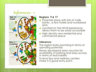 Inferences - 1
Regions 9 & 17
 Potential areas with lots of malls,
banks , a few hotels and numbered
spas.
 Located on the NH-8 expressway
allows them to be easily accessible
 High density new residential and
commercial space
Inference:
The region looks promising in terms of
spending potential.
Newly developed area vouches for
availability of parking and easy access
in terms of reachability
Scarce Spa and wellness centers
make it a good entry point.
Slide 12 :
Cluster
Slide 11 :
Combined
 