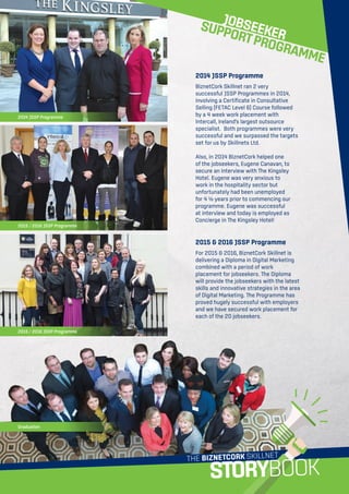 2014 JSSP Programme
BiznetCork Skillnet ran 2 very
successful JSSP Programmes in 2014,
involving a Certificate in Consultative
Selling (FETAC Level 6) Course followed
by a 4 week work placement with
Intercall, Ireland’s largest outsource
specialist. Both programmes were very
successful and we surpassed the targets
set for us by Skillnets Ltd.
Also, in 2014 BiznetCork helped one
of the jobseekers, Eugene Canavan, to
secure an interview with The Kingsley
Hotel. Eugene was very anxious to
work in the hospitality sector but
unfortunately had been unemployed
for 4 ½ years prior to commencing our
programme. Eugene was successful
at interview and today is employed as
Concierge in The Kingsley Hotel!
2015  2016 JSSP Programme
For 2015  2016, BiznetCork Skillnet is
delivering a Diploma in Digital Marketing
combined with a period of work
placement for jobseekers. The Diploma
will provide the jobseekers with the latest
skills and innovative strategies in the area
of Digital Marketing. The Programme has
proved hugely successful with employers
and we have secured work placement for
each of the 20 jobseekers.
THE BIZNETCORK SKILLNET
STORYBOOK
JOBSEEKER
SUPPORTPROGRAMME
2014 JSSP Programme
2015 / 2016 JSSP Programme
Graduation
2015 / 2016 JSSP Programme
 