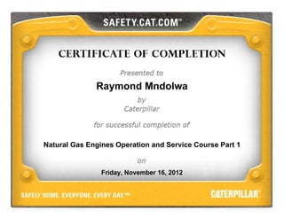Raymond Mndolwa
Natural Gas Engines Operation and Service Course Part 1
Friday, November 16, 2012
 