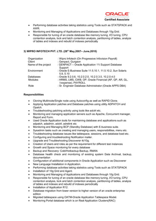 • Performing database activities taking statistics using Tools such as STATSPACK and
AWR.
• Monitoring and Managing of Applications and Databases through 10g Grid.
• Responsible for tuning of an oracle database like memory tuning, I/O tuning, CPU
contention analysis, lock and latch contention analysis, partitioning of tables, analyze
of tables and indexes and rebuild of indexes periodically
3) WIPRO INFOTECH PVT. LTD. (28th
May,2007– June,2010)
Organization : Wipro Infotech (On Progressive Infovision Payroll)
Client : Genpact, Gurgaon
Name of the project : GENPACT – Oracle Application 11i Support Database
Support
Environment : Oracle E-Business Suite 11.5.10.1, 11.5.10.2, Sun Solaris
5.9, 5.10
Databases : Oracle 9.2.0.6, 10.2.0.2.0, 10.2.0.3.0, 10.2.0.4.0
Modules : HRMS, LMS, CWB, OP, Oracle Financial (AP, GP, AR, GL,
I-expense), PAYROLL
Role : Sr. Engineer Database Administrator (Oracle APPS DBA)
Responsibilities
• Cloning Multinode/Single node using Autoconfig as well as RAPID Clone.
• Applying Application patches and Database patches using utility ADPATCH and
Opatch.
• Troubleshooting patching activity using tools like adctrl etc.
• Monitoring and managing application servers such as Apache, Concurrent manager,
Report and Form.
• Used Oracle Application tools for maintaining database and applications such as
adpatch, adadmin, adctrl, adrelink etc
• Monitoring and Managing BCP (Standby Database) with E-business suite.
• Sysadmin tasks such as creating and managing users, responsibilities, menu etc.
• Troubleshooting database issues like tablespace, sessions, and database load etc.
• Configuring and troubleshooting Notification mailer.
• Upgrade and Troubleshooting Discoverer 4i/10g.
• Creation of Users and roles as per the requirement for different test instances
• Growth and Space monitoring for every database
• Backup and Recovery: Cold/Hotbackup Backup, RMAN.
• Database health check and monitoring of existing system Data Archival, backup,
documentation
• Configuration of additional components in Oracle Application such as Discoverer
• New Language Installation in Application.
• Performing database activities taking statistics using Tools such as STATSPACK
• Installation of 10g Grid and Agent.
• Monitoring and Managing of Applications and Databases through 10g Grid.
• Responsible for tuning of an oracle database like memory tuning, I/O tuning, CPU
contention analysis, lock and latch contention analysis, partitioning of tables, analyze
of tables and indexes and rebuild of indexes periodically
• Installation of Application R12.
• Database migration from lower version to higher version of an oracle enterprise
edition
• Migrated tablespace using OATM-Oracle Application Tablespace Model.
• Monitoring Portal database which is on Real Application Clusters(RAC)
 