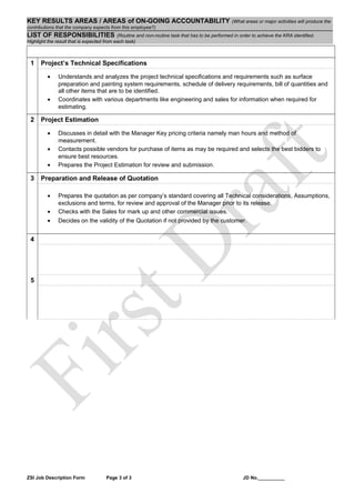KEY RESULTS AREAS / AREAS of ON-GOING ACCOUNTABILITY (What areas or major activities will produce the
contributions that the company expects from this employee?)
LIST OF RESPONSIBILITIES (Routine and non-routine task that has to be performed in order to achieve the KRA identified.
Highlight the result that is expected from each task)
1 Project’s Technical Specifications
• Understands and analyzes the project technical specifications and requirements such as surface
preparation and painting system requirements, schedule of delivery requirements, bill of quantities and
all other items that are to be identified.
• Coordinates with various departments like engineering and sales for information when required for
estimating.
2 Project Estimation
• Discusses in detail with the Manager Key pricing criteria namely man hours and method of
measurement.
• Contacts possible vendors for purchase of items as may be required and selects the best bidders to
ensure best resources.
• Prepares the Project Estimation for review and submission.
3 Preparation and Release of Quotation
• Prepares the quotation as per company’s standard covering all Technical considerations, Assumptions,
exclusions and terms, for review and approval of the Manager prior to its release.
• Checks with the Sales for mark up and other commercial issues.
• Decides on the validity of the Quotation if not provided by the customer.
4
5
ZSI Job Description Form Page 3 of 3 JD No.__________
 
