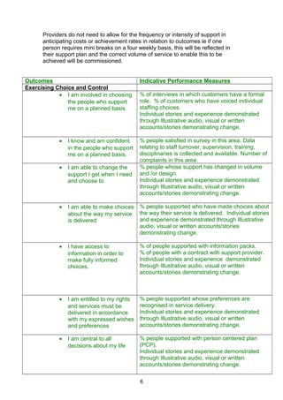 Providers do not need to allow for the frequency or intensity of support in
anticipating costs or achievement rates in relation to outcomes ie if one
person requires mini breaks on a four weekly basis, this will be reflected in
their support plan and the correct volume of service to enable this to be
achieved will be commissioned.
Outcomes Indicative Performance Measures
Exercising Choice and Control
• I am involved in choosing
the people who support
me on a planned basis
% of interviews in which customers have a formal
role. % of customers who have voiced individual
staffing choices.
Individual stories and experience demonstrated
through Illustrative audio, visual or written
accounts/stories demonstrating change.
• I know and am confident
in the people who support
me on a planned basis.
% people satisfied in survey in this area. Data
relating to staff turnover, supervision, training,
disciplinaries is collected and available. Number of
complaints in this area.
• I am able to change the
support I get when I need
and choose to
% people whose support has changed in volume
and /or design.
Individual stories and experience demonstrated
through Illustrative audio, visual or written
accounts/stories demonstrating change.
• I am able to make choices
about the way my service
is delivered
% people supported who have made choices about
the way their service is delivered. Individual stories
and experience demonstrated through Illustrative
audio, visual or written accounts/stories
demonstrating change.
• I have access to
information in order to
make fully informed
choices.
% of people supported with information packs.
% of people with a contract with support provider.
Individual stories and experience demonstrated
through Illustrative audio, visual or written
accounts/stories demonstrating change.
• I am entitled to my rights
and services must be
delivered in accordance
with my expressed wishes
and preferences
% people supported whose preferences are
recognised in service delivery.
Individual stories and experience demonstrated
through Illustrative audio, visual or written
accounts/stories demonstrating change.
• I am central to all
decisions about my life
% people supported with person centered plan
(PCP).
Individual stories and experience demonstrated
through Illustrative audio, visual or written
accounts/stories demonstrating change.
6
 