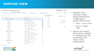 MAPPING VIEW
> Mapping View
manages Target
Range associations
(mappings) in
parent-child format
> Child = source value
> Parent = target
value
> Source and Target
dimensions included
in mapping view for
comparison and
drag-n-drop
maintenance
 
