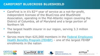 CAREFIRST BLUECROSS BLUESHIELD
7
• CareFirst is in it’s 82nd year of service as a not-for-profit,
independent licensee of the BlueCross and BlueShield
Association, operating in the Mid-Atlantic region covering the
District of Columbia, all of Maryland and a large portion of
Northern VA
• The largest health insurer in our region, serving 3.3 million
members
• Serves more than 625,000 members in the Federal Employees
Health Benefits Program (FEHBP) – one of the largest FEHBP
enrollments in the nation
 