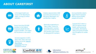 ABOUT CAREFIRST
8
Is the largest health care
insurer in the Mid-Atlantic
region, serving 3.2 million
members.
Employs approximately 5,000
associates and contractors in
Maryland, Washington, D.C.
and Northern Virginia.
Has launched the nation’s
largest Patient-Centered
Medical Home (PCMH)
program of its kind.
Serves more than 625,000
members in the Federal
Employees Health Benefits
Program (FEHBP) – the largest
FEP enrollment in the nation.
Nationally recognized as a
"Best in Blue" insurer for
providing stellar customer
service for 22 years for D.C.
FEP members and 15 years
for Maryland FEP members.
Invested $33.2 million in
2017 to improve overall
health, and increase the
accessibility, affordability,
safety and quality of health
care throughout its market
areas.
Earned recognition in 2013,
2014, 2015, 2016, 2017 and
2018 as one of the "World's
Most Ethical
Companies" from the
Ethisphere Institute.
 