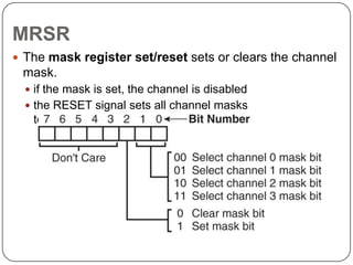 MRSR
 The mask register set/reset sets or clears the channel
     mask.
      if the mask is set, the channel is disabled
      the RESET signal sets all channel masks
      to disable them




18
 