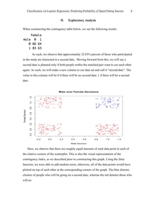 Classification via Logistic Regression: Predicting Probability of Speed Dating Success
	
3	
II. Exploratory Analysis
When constructing the contingency table below, we see the following results:
As such, we observe that approximately 22.83% percent of those who participated
in the study are interested in a second date. Moving forward from this, we will say a
second date is planned only if both people within the matched pair want to see each other
again. As such, we will make a new column in our data set and call it “second.date”. The
value in this column will be 0 if there will be no second date, 1 if there will be a second
date.
Here, we observe that there are roughly equal amounts of each data point in each of
the relative corners of the scatterplot. This is also the visual representation of the
contingency index, as we described prior to constructing this graph. Using the Jitter
function, we were able to add random noise, otherwise, all of the data points would have
plotted on top of each other at the corresponding corners of the graph. The blue denotes
clusters of people who will be going on a second date, whereas the red denotes those who
will no
 