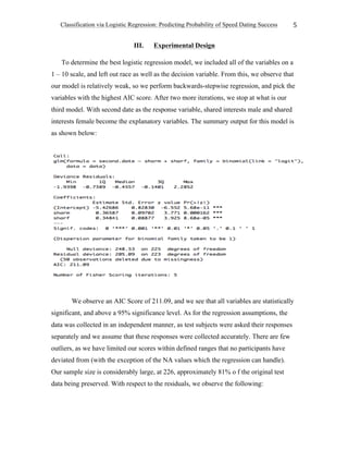 Classification via Logistic Regression: Predicting Probability of Speed Dating Success
	
5	
III. Experimental Design
To determine the best logistic regression model, we included all of the variables on a
1 – 10 scale, and left out race as well as the decision variable. From this, we observe that
our model is relatively weak, so we perform backwards-stepwise regression, and pick the
variables with the highest AIC score. After two more iterations, we stop at what is our
third model. With second date as the response variable, shared interests male and shared
interests female become the explanatory variables. The summary output for this model is
as shown below:
We observe an AIC Score of 211.09, and we see that all variables are statistically
significant, and above a 95% significance level. As for the regression assumptions, the
data was collected in an independent manner, as test subjects were asked their responses
separately and we assume that these responses were collected accurately. There are few
outliers, as we have limited our scores within defined ranges that no participants have
deviated from (with the exception of the NA values which the regression can handle).
Our sample size is considerably large, at 226, approximately 81% o f the original test
data being preserved. With respect to the residuals, we observe the following:
 