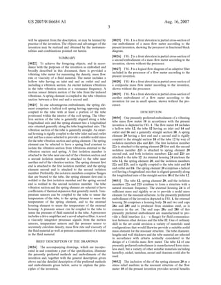 US 2007/0186684 A1
Will be apparent from the description, or may be learned by
practice of the invention. The objects and advantages of the
invention may be realized and obtained by the instrumen
talities and combinations pointed out herein.
SUMMARY
[0022] To achieve the foregoing objects, and in accor
dance With the purposes of the invention as embodied and
broadly described in this document, there is provided a
vibrating tube meter for measuring the density, mass ?oW
rate or viscosity of a ?uid material. The meter includes a
holloW tube having an inlet end and an outlet end and
including a vibration section. An exciter induces vibrations
in the tube vibration section at a resonance frequency. A
motion sensor detects motion of the tube from the induced
vibrations. A spring element is coupled to the tube vibration
section betWeen a ?rst end and a second end.
[0023] In one advantageous embodiment, the spring ele
ment comprises a helical coil spring having opposing ends
coupled to the tube With at least a portion of the tube
positioned Within the interior of the coil spring. The vibra
tion section of the tube is generally aligned along a tube
longitudinal axis and the spring element has a longitudinal
axis oriented generally along the tube longitudinal axis. The
vibration section of the tube is generally straight. An exter
nal housing is rigidly coupled to the tube inlet end and outlet
end and has a mass selected to provide a suitable nodal mass
for the tube vibration section and spring element. The spring
element can be selected to have a spring load constant to
isolate the vibration section from vibrations external to the
vibration section and spring. A ?rst isolation member is
attached to the tube near one end ofthe vibration section and
a second isolation member is attached to the tube near
another end ofthe vibration section. The spring element ?rst
end is attached to the ?rst isolation member, and the spring
element second end is attached to the second isolation
member. Preferably, the isolation members comprise ?anges
that are braZed to the tube, the spring element ?rst end is
Welded to the ?rst isolation member and the spring second
end is Welded to the second isolation member. The tube
vibration section and the spring element are selected to have
coe?icients ofthermal expansion that generally match. Tem
perature sensors can be coupled to the tube to sense the
temperature of the tube, to the spring element to sense the
temperature of the spring element, and to the external
housing element to sense the temperature of the external
housing. A pressure sensor can be coupled to the tube to
sense the pressure of ?uid material in the tube. A processor
includes a drive ampli?er and a novel adaptive ?lter. A novel
a viscosity integrator processes signals from the motion
sensors, temperature sensors and the pressure sensor to
accurately calculate density, mass ?oW rate and viscosity of
the ?uid material as Well as percent concentration of a solute
in the ?uid material.
BRIEF DESCRIPTION OF THE DRAWINGS
[0024] The accompanying draWings, Which are incorpo
rated in and constitute a part of the speci?cation, illustrate
the presently preferred methods and embodiments of the
invention and, together With the general description given
above and the detailed description of the preferred methods
and embodiments given beloW, serve to explain the prin
ciples of the invention.
Aug. 16,2007
[0025] FIG. 1 is a front elevation in partial cross-section of
one embodiment of a mass ?oW meter according to the
present invention, shoWing the processor in functional block
diagram.
[0026] FIG. 2 is a front elevation in partial cross-section of
a second embodiment of a mass ?oW meter according to the
invention, shoWn Without the processor.
[0027] FIG. 3 is a logical ?oW diagram ofan adaptive ?lter
included in the processor of a ?oW meter according to the
present invention.
[0028] FIG. 4 is a front elevation in partial cross-section of
a composite mass ?oW meter according to the invention,
shoWn Without the processor.
[0029] FIG. 5 is a front elevation in partial cross-section of
another embodiment of a ?oW meter according to the
invention for use in small spaces, shoWn Without the pro
cessor.
DESCRIPTION
[0030] One presently preferred embodiment ofa vibrating
tube mass ?oW meter 10 in accordance With the present
invention is depicted in FIG. 1. The ?oW meter 10 includes
a holloW tube 12, the tube 12 having an inlet end 14 and
outlet end 16 and a generally straight section 18. A spring
element 20 having a ?rst end and a second end is rigidly
coupled to the straight section 18 of the tube 12 by Way of
isolation members 22a and 22b. The ?rst isolation member
2211 is attached to the spring element 20 ?rst end, the second
isolation member 2212 is attached to spring element 20
second end, and both isolation members 2211 and 22b are
attached to the tube 12. An external housing 24 encloses the
tube 12, the spring element 20, and the isolation members
2211 and 22b, and is rigidly coupled to the tube inlet end 14
and outlet end 16. The spring element 20 comprises a helical
coil having a longitudinal axis that is aligned generally along
the longitudinal axis ofthe straight section 18 ofthe tube 12.
[0031] The tube 12, spring element 20, and the isolation
members 22a and 22b combine to form a structure With a
natural resonant frequency. The external housing 24 is of
su?icient mass and rigidity so as to provide a nodal mass
element for the resonant structure. In the presently preferred
embodiment ofthe invention depicted in FIG. 1, the external
housing 24 comprises a housing body 26 and tWo end caps
28a and 28b and is produced from stainless steel, as is
common in the art. The end caps 28a and 28b of this
presently preferred embodiment are manufactured to pro
vide a ?uid interface (ieia ?ange) for ?uid communica
tion betWeen other devices and the tube 12. One of ordinary
skill in the art could envision a variety of materials sand
con?gurations that Would likewise provide a suitable nodal
mass element for the resonant structure. The tube diameter,
lengths and Wall thickness and the tube material are selected
in accordance With criteria normally considered in the
design of a Coriolis mass ?oW meter. The tube 12 of one
presently preferred embodiment is manufactured form stain
less steel, but a variety of other suitable materials including
hastelloy, nickel, tantalum, monel and titanium could also be
used.
[0032] The inclusion of the of the spring element 20 as a
stress relief medium in the resonant structure of the ?oW
meter 10 of the present invention provides several bene?ts
 