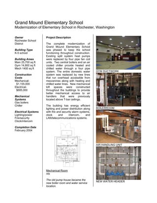 Grand Mound Elementary School
Modernization of Elementary School in Rochester, Washington
Owner
Rochester School
District
Building Type
K-5 school
Building Areas
Main 25,700 sq ft
Gym 14,800 sq ft
Mech 1400 sq ft
Construction
Costs
Mechanical-
$1,155,000
Electrical-
$685,000
Mechanical
Systems
Gas boilers
Chiller
Electrical Systems
Lighting/power
Fire/security
Clock/intercom
Completion Date
February 2004
Project Description
The complete modernization of
Grand Mound Elementary School
was phased to keep the school
functioning throughout construction.
Existing split system heat pumps
were replaced by four pipe fan coil
units. Two central boilers and an air
cooled chiller provide heated and
chilled water through a four pipe
system. The entire domestic water
system was replaced by new lines
that run overhead accessible from
mezzanines along with heating and
chilled water lines. New mechanical
loft spaces were constructed
throughout the buildings to provide
better mechanical access to air
handlers that were previously
located above T-bar ceilings.
The building has energy efficient
lighting and power distribution along
with fire and security alarm systems,
clock and intercom, and
LAN/telecommunications systems.
Mechanical Room
nts
The old pump house became the
new boiler room and water service
location.
GYM DUCTWORK
BOILERROOM
AIR HANDLING UNIT
NEW WATER HEADER
 