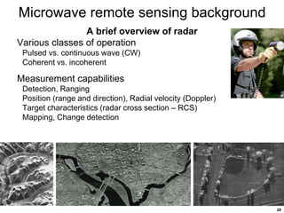 20
Microwave remote sensing background
A brief overview of radar
Various classes of operation
Pulsed vs. continuous wave (CW)
Coherent vs. incoherent
Measurement capabilities
Detection, Ranging
Position (range and direction), Radial velocity (Doppler)
Target characteristics (radar cross section – RCS)
Mapping, Change detection
 