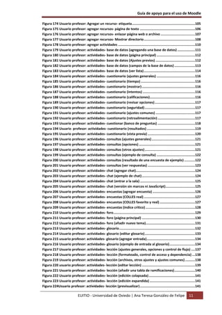 Guía de apoyo para el uso de Moodle

Figura 174 Usuario profesor: Agregar un recurso- etiqueta................................................................105
Figura 175 Usuario profesor: agregar recursos- página de texto ........................................................106
Figura 176 Usuario profesor: agregar recursos- enlazar página web o archivo ...................................107
Figura 177 Usuario profesor: agregar recursos- Mostrar directorio....................................................108
Figura 178 Usuario profesor: agregar actividades ..............................................................................110
Figura 179 Usuario profesor: actividades- base de datos (agregando una base de datos) ..................111
Figura 180 Usuario profesor: actividades- base de datos (página principal) .......................................112
Figura 181 Usuario profesor: actividades- base de datos (Ajustes previos) ........................................112
Figura 182 Usuario profesor: actividades- base de datos (campos de la base de datos) .....................113
Figura 183 Usuario profesor: actividades- base de datos (ver lista)....................................................114
Figura 184 Usuario profesor: actividades- cuestionario (ajustes generales) .......................................116
Figura 185 Usuario profesor: actividades- cuestionario (tiempo) .......................................................116
Figura 186 Usuario profesor: actividades- cuestionario (mostrar) ......................................................116
Figura 187 Usuario profesor: actividades- cuestionario (intentos) .....................................................116
Figura 188 Usuario profesor: actividades- cuestionario (calificaciones)..............................................116
Figura 189 Usuario profesor: actividades- cuestionario (revisar opciones).........................................117
Figura 190 Usuario profesor: actividades- cuestionario (seguridad) ...................................................117
Figura 191 Usuario profesor: actividades- cuestionario (ajustes comunes) ........................................117
Figura 192 Usuario profesor: actividades- cuestionario (retroalimentación) ......................................117
Figura 193 Usuario profesor: actividades- cuestionar (banco de preguntas) ......................................118
Figura 194 Usuario profesor: actividades- cuestionario (resultados) .................................................119
Figura 195 Usuario profesor: actividades- cuestionario (vista previa) ................................................120
Figura 196 Usuario profesor: actividades- consultas (ajustes generales) ............................................121
Figura 197 Usuario profesor: actividades- consultas (opciones) .........................................................121
Figura 198 Usuario profesor: actividades- consultas (otros ajustes) ...................................................121
Figura 199 Usuario profesor: actividades- consultas (ejemplo de consulta) .......................................122
Figura 200 Usuario profesor: actividades- consultas (resultado de una encuesta de ejemplo) ...........122
Figura 201 Usuario profesor: actividades- consultas (ver respuestas) ................................................123
Figura 202 Usuario profesor: actividades- chat (agregar chat)............................................................124
Figura 203 Usuario profesor: actividades- chat (ejemplo de chat)......................................................124
Figura 204 Usuario profesor: actividades- chat (entrar a la sala) ........................................................125
Figura 205 Usuario profesor: actividades- chat (versión sin marcos ni JavaScript)..............................125
Figura 206 Usuario profesor: actividades- encuestas (agregar encuesta) ...........................................126
Figura 207 Usuario profesor: actividades- encuestas (COLLES real) ....................................................127
Figura 208 Usuario profesor: actividades- encuestas (COLLES favorito y real) ....................................127
Figura 209 Usuario profesor: actividades- encuestas (índice crítico) ..................................................128
Figura 210 Usuario profesor: actividades- foro...................................................................................129
Figura 211 Usuario profesor: actividades- foro (página principal) ......................................................130
Figura 212 Usuario profesor: actividades- foro (añadir nuevo tema)..................................................131
Figura 213 Usuario profesor: actividades- glosario.............................................................................132
Figura 214 Usuario profesor: actividades- glosario (editar glosario)...................................................133
Figura 215 usuario profesor: actividades- glosario (agregar entrada).................................................134
Figura 216 Usuario profesor: actividades- glosario (ejemplo de entrada al glosario)..........................134
Figura 217 Usuario profesor: actividades- lección (ajustes generales, opciones y control de flujo) ....137
Figura 218 Usuario profesor: actividades- lección (formateado, control de acceso y dependencia) ...138
Figura 219 Usuario profesor: actividades- lección (archivos, otros ajustes y ajustes comunes) ..........138
Figura 220 usuario profesor: actividades- lección (editar lección) ......................................................139
Figura 221 Usuario profesor: actividades- lección (añadir una tabla de ramificaciones).....................140
Figura 222 Usuario profesor: actividades- lección (edición colapsada) ...............................................141
Figura 223 Usuario profesor: actividades- lección (edición expandida) ..............................................141
Figura 224Usuario profesor: actividades- lección (previsualizar)........................................................141

                             EUITIO - Universidad de Oviedo | Ana Teresa González de Felipe                               11
 