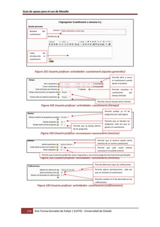 Guía de apoyo para el uso de Moodle




     Nombre       del
     cuestionario




     Texto        de
     introducción al
     cuestionario




          Figura 101 Usuario profesor: actividades- cuestionario (ajustes generales)
                                                                                             Permite abrir y cerrar
                                                                                             el cuestionario cuando
                                                                                             desee el profesor

                                                                                             Permite visualizar el
                                                                                             cuestionario      por
                                                                                             tiempo limitado

                                                                            Permite marcar tiempo entre intentos
                 Figura 102 Usuario profesor: actividades- cuestionario (tiempo)
                                                                                     Permite prefijar un nº de
                                                                                     preguntas por cada página


                                                                                     Permite que se barajen las
                                                                                     preguntas cada vez que se
                                                  Permite que se baraje dentro
                                                                                     genere el cuestionario
                                                  de las preguntas

                Figura 103 Usuario profesor: actividades- cuestionario (mostrar)

                                                                            Permite que el alumno realice varios
                                                                            intentos de un mismo cuestionario
                                                                            Permite que cada nuevo intento
                                                                            contenga el resultado anterior
                 Permite que el alumno pueda dar varias respuestas a una misma pregunta (normalmente penalizado)
                Figura 104 Usuario profesor: actividades- cuestionario (intentos)

                                                                          Permite diferentes tipos de calificaciones

                                                                          Permite aplicar penalizaciones cada vez
                                                                          que se conteste al cuestionario


                                                                          Permite cambiar el nº de decimales en las
                                                                          calificaciones
             Figura 105 Usuario profesor: actividades- cuestionario (calificaciones)




   116    Ana Teresa González de Felipe | EUITIO - Universidad de Oviedo
 