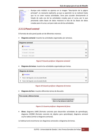 Guía de apoyo para el uso de Moodle

                Aunque este módulo no aparece en la imagen “descripción de la página
                principal”, es necesario explicarlo, ya que su aparición no se realizará hasta
                que no se creen nuevas actividades. Sirve para acceder directamente al
                listado de cada una de las actividades creadas para el curso, por lo que
                pinchando sobre Bases de datos mostrará la lista de las Bases de datos
                creadas para el curso y así para cada una de las actividades.


2.3.3.2 Panel central

El formato de este panel puede ser de diferentes maneras:

•   Diagrama semanal: muestra las actividades organizadas por semanas.




                       Figura 9 Usuario profesor: diagrama semanal

•   Diagrama de temas: muestra las actividades organizadas por temas.




                      Figura 10 Usuario profesor: diagrama de temas

•   Diagrama de foro: muestra diferentes temas de discusión.




                       Figura 11 Usuario profesor: diagrama de foros

•   Otros: diagrama LAMS (formato concreto para desarrollar actividades de aprendizaje),
    diagrama SCORM (formato concreto de objetos para aprendizaje), diagrama semanal
    css/no tablas (similar al diagrama semanal).

Lo habitual será encontrarse con diagramas semanales o diagramas de temas.



                    EUITIO - Universidad de Oviedo | Ana Teresa González de Felipe    43
 