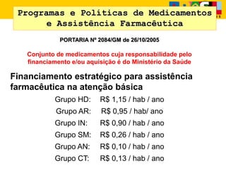 PORTARIA Nº 2084/GM de 26/10/2005
Conjunto de medicamentos cuja responsabilidade pelo
financiamento e/ou aquisição é do Ministério da Saúde
Financiamento estratégico para assistência
farmacêutica na atenção básica
Grupo HD: R$ 1,15 / hab / ano
Grupo AR: R$ 0,95 / hab/ ano
Grupo IN: R$ 0,90 / hab / ano
Grupo SM: R$ 0,26 / hab / ano
Grupo AN: R$ 0,10 / hab / ano
Grupo CT: R$ 0,13 / hab / ano
Programas e Políticas de Medicamentos
e Assistência Farmacêutica
 