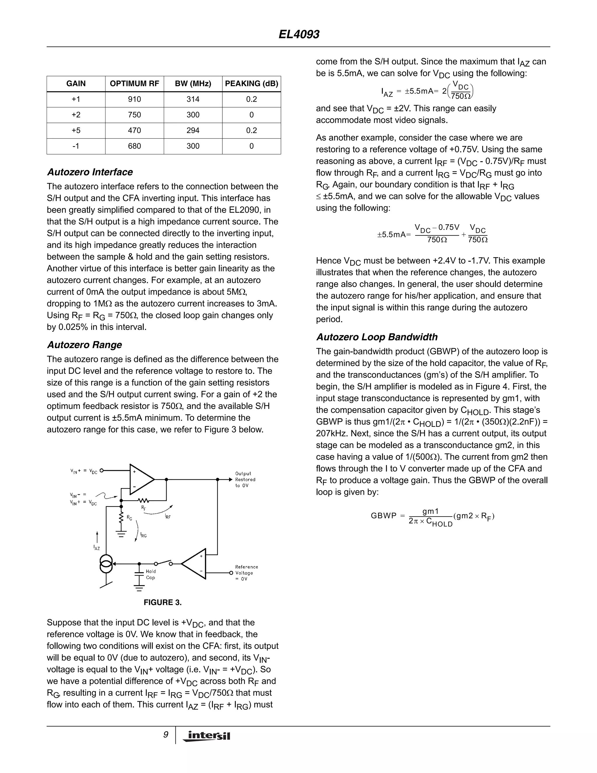 9
Autozero Interface
The autozero interface refers to the connection between the
S/H output and the CFA inverting input. This interface has
been greatly simplified compared to that of the EL2090, in
that the S/H output is a high impedance current source. The
S/H output can be connected directly to the inverting input,
and its high impedance greatly reduces the interaction
between the sample & hold and the gain setting resistors.
Another virtue of this interface is better gain linearity as the
autozero current changes. For example, at an autozero
current of 0mA the output impedance is about 5MΩ,
dropping to 1MΩ as the autozero current increases to 3mA.
Using RF = RG = 750Ω, the closed loop gain changes only
by 0.025% in this interval.
Autozero Range
The autozero range is defined as the difference between the
input DC level and the reference voltage to restore to. The
size of this range is a function of the gain setting resistors
used and the S/H output current swing. For a gain of +2 the
optimum feedback resistor is 750Ω, and the available S/H
output current is ±5.5mA minimum. To determine the
autozero range for this case, we refer to Figure 3 below.
Suppose that the input DC level is +VDC, and that the
reference voltage is 0V. We know that in feedback, the
following two conditions will exist on the CFA: first, its output
will be equal to 0V (due to autozero), and second, its VIN-
voltage is equal to the VIN+ voltage (i.e. VIN- = +VDC). So
we have a potential difference of +VDC across both RF and
RG, resulting in a current IRF = IRG = VDC/750Ω that must
flow into each of them. This current IAZ = (IRF + IRG) must
come from the S/H output. Since the maximum that IAZ can
be is 5.5mA, we can solve for VDC using the following:
and see that VDC = ±2V. This range can easily
accommodate most video signals.
As another example, consider the case where we are
restoring to a reference voltage of +0.75V. Using the same
reasoning as above, a current IRF = (VDC - 0.75V)/RF must
flow through RF, and a current IRG = VDC/RG must go into
RG. Again, our boundary condition is that IRF + IRG
≤ ±5.5mA, and we can solve for the allowable VDC values
using the following:
Hence VDC must be between +2.4V to -1.7V. This example
illustrates that when the reference changes, the autozero
range also changes. In general, the user should determine
the autozero range for his/her application, and ensure that
the input signal is within this range during the autozero
period.
Autozero Loop Bandwidth
The gain-bandwidth product (GBWP) of the autozero loop is
determined by the size of the hold capacitor, the value of RF,
and the transconductances (gm’s) of the S/H amplifier. To
begin, the S/H amplifier is modeled as in Figure 4. First, the
input stage transconductance is represented by gm1, with
the compensation capacitor given by CHOLD. This stage’s
GBWP is thus gm1/(2π • CHOLD) = 1/(2π • (350Ω)(2.2nF)) =
207kHz. Next, since the S/H has a current output, its output
stage can be modeled as a transconductance gm2, in this
case having a value of 1/(500Ω). The current from gm2 then
flows through the I to V converter made up of the CFA and
RF to produce a voltage gain. Thus the GBWP of the overall
loop is given by:
GAIN OPTIMUM RF BW (MHz) PEAKING (dB)
+1 910 314 0.2
+2 750 300 0
+5 470 294 0.2
-1 680 300 0
FIGURE 3.
IAZ 5.5mA 2
VDC
750Ω
---------------
⎝ ⎠
⎛ ⎞=±=
5.5mA
VDC 0.75V–
750Ω
----------------------------------
VDC
750Ω
---------------+=±
GBWP
gm1
2π CHOLD×
--------------------------------- gm2 RF×( )=
EL4093
 