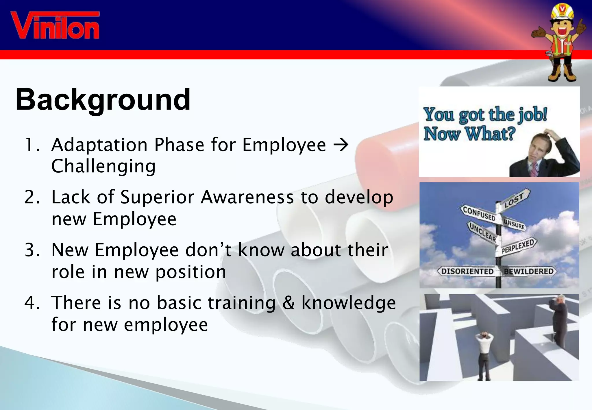 Background
1. Adaptation Phase for Employee 
Challenging
2. Lack of Superior Awareness to develop
new Employee
3. New Employee don’t know about their
role in new position
4. There is no basic training & knowledge
for new employee
 
