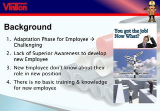 Background
1. Adaptation Phase for Employee 
Challenging
2. Lack of Superior Awareness to develop
new Employee
3. New Employee don’t know about their
role in new position
4. There is no basic training & knowledge
for new employee
 