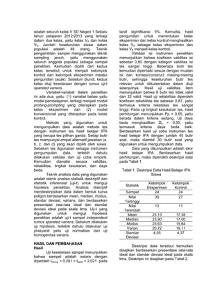 adalah seluruh kelas V SD Negeri 1 Sebatu 
tahun pelajaran 2012/2013 yang terbagi 
dalam dua kelas, yaitu kelas VA dan kelas 
VB. Jumlah keseluruhan siswa dalam 
populasi adalah 48 orang. Teknik 
pengambilan sampel menggunakan teknik 
sampling jenuh, yaitu menggunakan 
seluruh anggota populasi sebagai sampel 
penelitian. Kemudian dipilih dari kedua 
kelas tersebut untuk menjadi kelompok 
kontrol dan kelompok eksperimen melalui 
pengundian (acak). Sebelum diundi, kedua 
kelas diuji kesetaraan dengan rumus uji-t 
sparated varians. 
Variabel-variabel dalam penelitian 
ini ada dua, yaitu: (1) variabel bebas yaitu 
model pembelajaran, terbagi menjadi model 
probing-prompting yang diterapkan pada 
kelas eksperimen dan (2) model 
konvensional yang diterapkan pada kelas 
kontrol. 
Metode yang digunakan untuk 
mengumpulkan data adalah metode tes 
dengan instrumen tes hasil belajar IPA 
yang berupa tes pilihan ganda. Setiap butir 
tes mempunyai empat alternatif jawaban (a, 
b, c, dan d) yang akan dipilih oleh siswa. 
Sebelum tes digunakan sebagai instrumen 
pengumpulan data, terlebih dahulu 
dilakukan validasi dan uji coba empirik. 
Kemudian dianalisi secara validitas, 
reliabilitas, tingkat kesukaran, dan daya 
beda. 
Teknik analisis data yang digunakan 
adalah teknik analisis statistik deskriptif dan 
statistik inferensial (uji-t) untuk menguji 
hipotesis penelitian. Analisis diskriptif 
mendeskripsikan data dalam bentuk kurva 
poligon berdasarkan mean, median, modus, 
standar deviasi, varians, dan berdasarkan 
presentase rata-rata ideal dan standar 
deviasi ideal pada skala lima. Uji-t yang 
digunakan untuk menguji hipotesis 
penelitian adalah uji-t sampel independent 
rumus sparated varians. Sebelum dilakukan 
uji hipotesis, terlebih dahulu dilakukan uji 
prasyarat yaitu uji normalitas dan uji 
homogenitas varians. 
HASIL DAN PEMBAHASAN 
Hasil 
Uji kesetaraan sampel menunjukkan 
bahwa sampel adalah setara dengan 
diperoleh thitung = 0,281 < ttabel = 2,021. pada 
taraf siginifikansi 5%. Kemudia, hasil 
pengundian untuk menentukan kelas 
eksperimen dan kelas kontrol menghasilkan 
kelas VA sebagai kelas eksperimen dan 
kelas VB menjadi kelas kontrol. 
Validasi isi instrumen penelitian 
menunjukkan bahwa koefisien validitas isi 
sebesar 0,80 dengan kategori validitas isi 
tes sangat tinggi. Beberapa butir tes 
kemudian diperbaiki sesuai dengan muatan 
isi dan konsep/construct masing-masing 
butir, sehingga keseluruhan butir tes 
relevan untuk diikutsertakan dalam diuji 
selanjutnya. Hasil uji validitas item 
menunjukkan bahwa 8 butir tes tidak valid 
dan 32 valid. Hasil uji reliabilitas diperoleh 
koefisien reliabilitas tes sebesar 0,87, yaitu 
termasuk kriteria reliabilias tes sangat 
tinggi. Pada uji tingkat kesukaran tes, hasil 
perhitungan menunjukkan Pp = 0,65, yaitu 
berada dalam kriteria sedang. Uji daya 
beda menghasilkan Dp = 0,55, yaitu 
termasuk kriteria daya beda baik. 
Berdasarkan hasil uji coba instrumen tes 
hasil belajar IPA dengan jumlah 40 butir 
soal, maka diambil 30 butir soal yang 
digunakan untuk mengumpulkan data. 
Data yang dikumpulkan adalah skor 
hasil belajar IPA. Berdasarkan hasil 
perhitungan, maka diperoleh deskripsi data 
pada Tabel 1. 
Tabel 1. Deskripsi Data Hasil Belajar IPA 
Siswa 
Statistik 
Kelompok 
Eksperimen 
Kelompok 
Kontrol 
Sampel 24 24 
Nilai 
30 27 
Tertinggi 
Nilai 
Terendah 
13 11 
Mean 23,13 17,38 
Median 23,90 17,00 
Modus 25,63 15,64 
Varian 20,72 19,11 
Standar 
4,55 4,37 
Deviasi 
Deskripsi data tersebut kemudian 
disajikan berdasarkan presentase rata-rata 
ideal dan standar deviasi ideal pada skala 
lima. Deskripsi ini disajikan pada Tabel 2. 
 