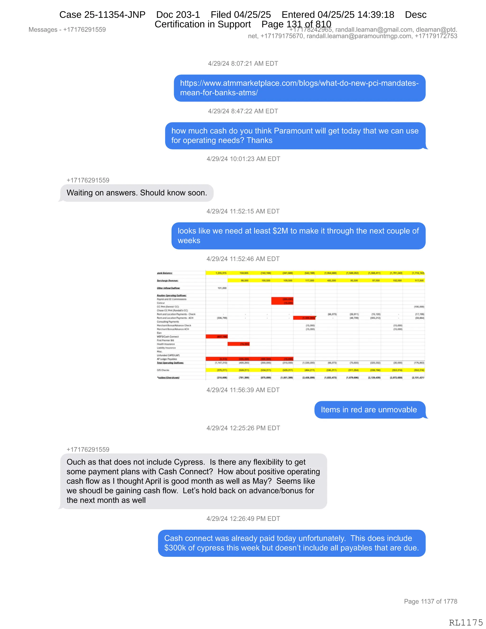 Messages - +17176291559 +17178242965, randall.leaman@gmail.com, dleaman@ptd.
net, +17179175670, randall.leaman@paramountmgp.com, +17179172753
4/29/24 8:07:21 AM EDT
https://www.atmmarketplace.com/blogs/what-do-new-pci-mandates-
mean-for-banks-atms/
4/29/24 8:47:22 AM EDT
how much cash do you think Paramount will get today that we can use
for operating needs? Thanks
4/29/24 10:01:23 AM EDT
+17176291559
Waiting on answers. Should know soon.
4/29/24 11:52:15 AM EDT
looks like we need at least $2M to make it through the next couple of
weeks
4/29/24 11:52:46 AM EDT
51
,.w• SCIN1 113•I,a 1 I,.ewa 11..B.M.1)
1m. IMUdgf 460111 DIUM
640731 1.1111 firk 11..1•1
meGIVI 017
1.1.~.1~
71.11~~~ m'ar.aew ~I ppo.ix. P....1 11 tao.co, ..nr,1 ~Mg ~Mi Jo onc:
mem.. "1111 r164.1, ~mi O....3.*1 I•10111 4.41
, 71 (111.2» r...10 .13.1.11 1......1
~Mi!~ ~..] ri•IAIN 1~ 1,~4.1 CLaral•N 0.14x011 11.41.4141 1.1.1»..a1 ..19.1.11 a111,4•11
4/29/24 11:56:39 AM EDT
Items in red are unmovable
4/29/24 12:25:26 PM EDT
+17176291559
Ouch as that does not include Cypress. Is there any flexibility to get
some payment plans with Cash Connect? How about positive operating
cash flow as I thought April is good month as well as May? Seems like
we shoudl be gaining cash flow. Let's hold back on advance/bonus for
the next month as well
4/29/24 12:26:49 PM EDT
Cash connect was already paid today unfortunately. This does include
$300k of cypress this week but doesn't include all payables that are due.
Page 1137 of 1778
RL1175
Case 25-11354-JNP Doc 203-1 Filed 04/25/25 Entered 04/25/25 14:39:18 Desc
Certification in Support Page 131 of 810
 