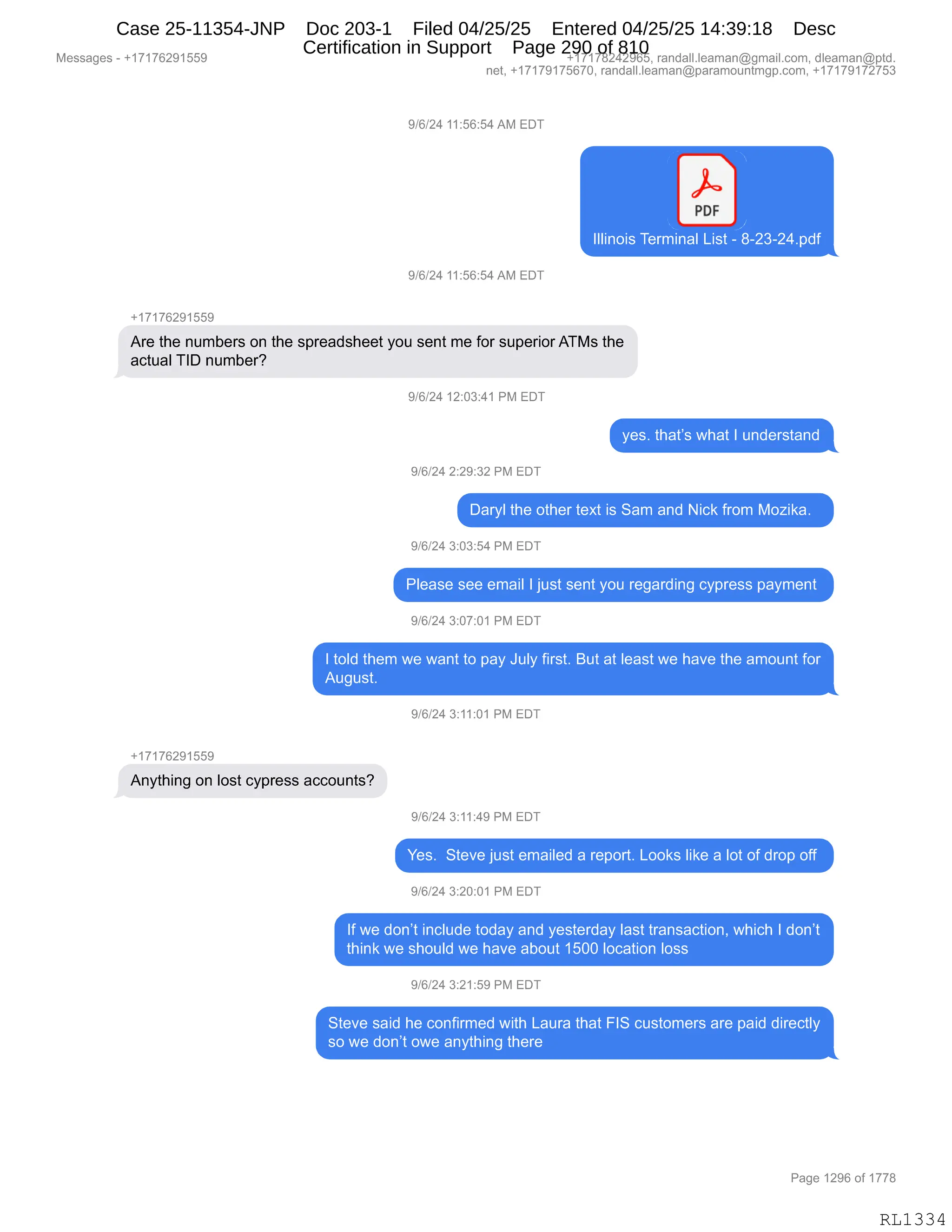 Messages - +17176291559 +17178242965, randall.leaman@gmail.com, dleaman@ptd.
net, +17179175670, randall.leaman@paramountmgp.com, +17179172753
9/6/24 11:56:54 AM EDT
9/6/24 11:56:54 AM EDT
+17176291559
PDF
—1
Illinois Terminal List - 8-23-24.pdf
Are the numbers on the spreadsheet you sent me for superior ATMs the
actual TID number?
+17176291559
9/6/24 12:03:41 PM EDT
yes. that's what I understand
9/6/24 2:29:32 PM EDT
Daryl the other text is Sam and Nick from Mozika.
9/6/24 3:03:54 PM EDT
Please see email I just sent you regarding cypress payment
9/6/24 3:07:01 PM EDT
I told them we want to pay July first. But at least we have the amount for
August.
Anything on lost cypress accounts?
9/6/24 3:11:01 PM EDT
9/6/24 3:11:49 PM EDT
Yes. Steve just emailed a report. Looks like a lot of drop off
9/6/24 3:20:01 PM EDT
If we don't include today and yesterday last transaction, which I don't
think we should we have about 1500 location loss
9/6/24 3:21:59 PM EDT
Steve said he confirmed with Laura that FIS customers are paid directly
so we don't owe anything there
Page 1296 of 1778
RL1334
Case 25-11354-JNP Doc 203-1 Filed 04/25/25 Entered 04/25/25 14:39:18 Desc
Certification in Support Page 290 of 810
 