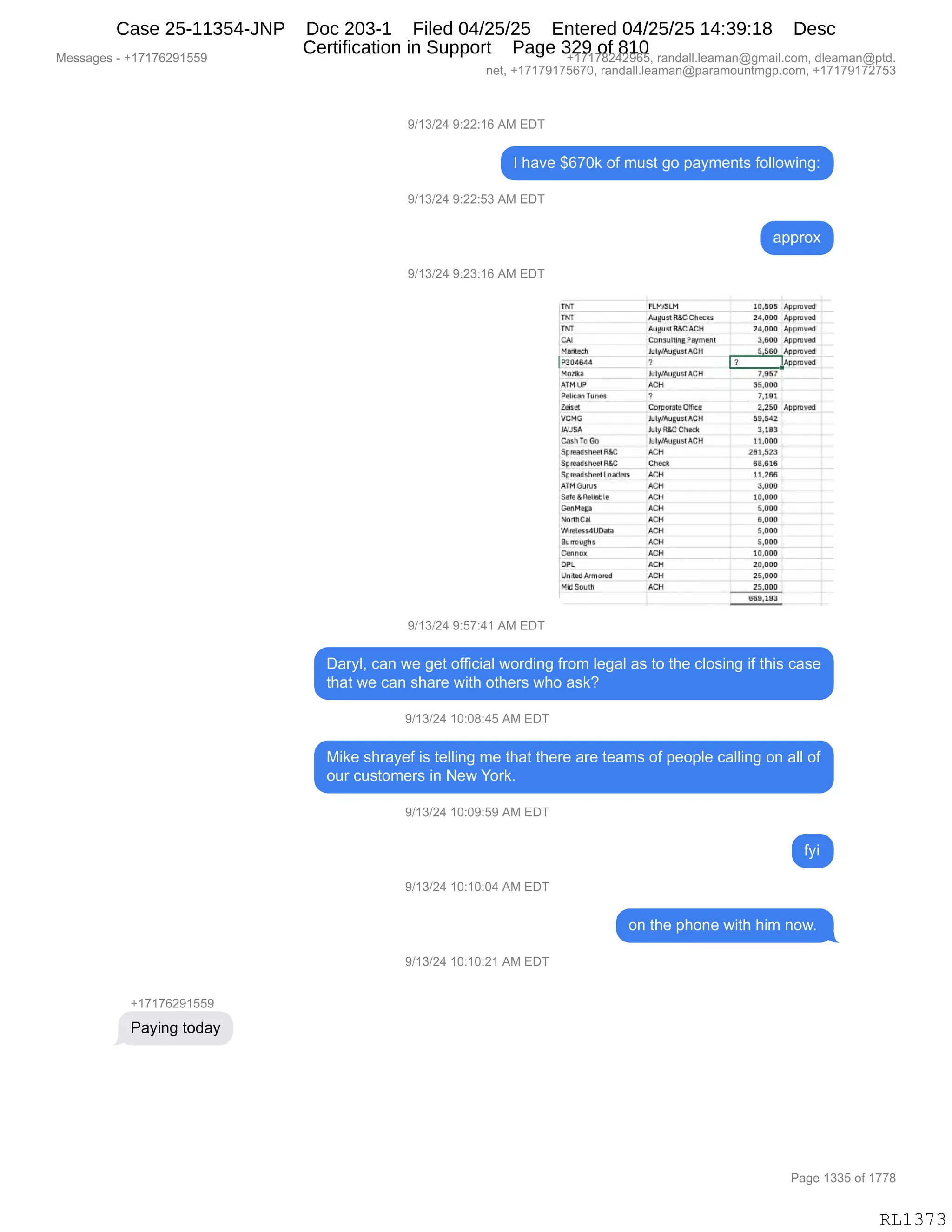 Messages - +17176291559 +17178242965, randall.leaman@gmail.com, dleaman@ptd.
net, +17179175670, randall.leaman@paramountmgp.com, +17179172753
9/13/24 9:22:16 AM EDT
I have $670k of must go payments following:
9/13/24 9:22:53 AM EDT
9/13/24 9:23:16 AM EDT
approx
TXT FLMISLM 10,505 Aporeved
TKt AllgtlYiIdeeherks 24,000 Ahpreved
INT August FL6C ACH 24,000 Aporeved
CAI ConsoltingPaymeht 3,600 App tovad
MM.tec31 July/AugusiACH 5,560 Aphreved
I P304641 7 17 1lAppreved
Mozika Juiv/August ACH 7,957
ATM UP ACII 35,000
Pekao Tuses 7 7,191
Zolset ComotateOrnen 2,250 App97~
VCMG luly/Augost ACH 59,542
JALMA LA, meCheck 3,193
Cast To Go ruilreAugtr st ACH 11,000
Spreal]shlet R6C ACH 2M,523
5preedsheet R5C Check 85,818
readsheet Lauden ACH 11,28€
M Gurus ACH 3,000
5.1e 5 Rellane ACH 10,000
GenMaga ACH 5,000
rbiCal ACH 9,900
WirliessiUData ACH 5,000
unoughs ACH 5,009
Censo. ACH 10,000
DPL ACH 211,000
Unroed Armotld ACH 25,000
Mei South ACH 25,000
E69,193
9/13/24 9:57:41 AM EDT
Daryl, can we get official wording from legal as to the closing if this case
that we can share with others who ask?
9/13/24 10:08:45 AM EDT
Mike shrayef is telling me that there are teams of people calling on all of
our customers in New York.
9/13/24 10:09:59 AM EDT
9/13/24 10:10:04 AM EDT
9/13/24 10:10:21 AM EDT
+17176291559
Paying today
o
on the phone with him now.
Page 1335 of 1778
RL1373
Case 25-11354-JNP Doc 203-1 Filed 04/25/25 Entered 04/25/25 14:39:18 Desc
Certification in Support Page 329 of 810
 