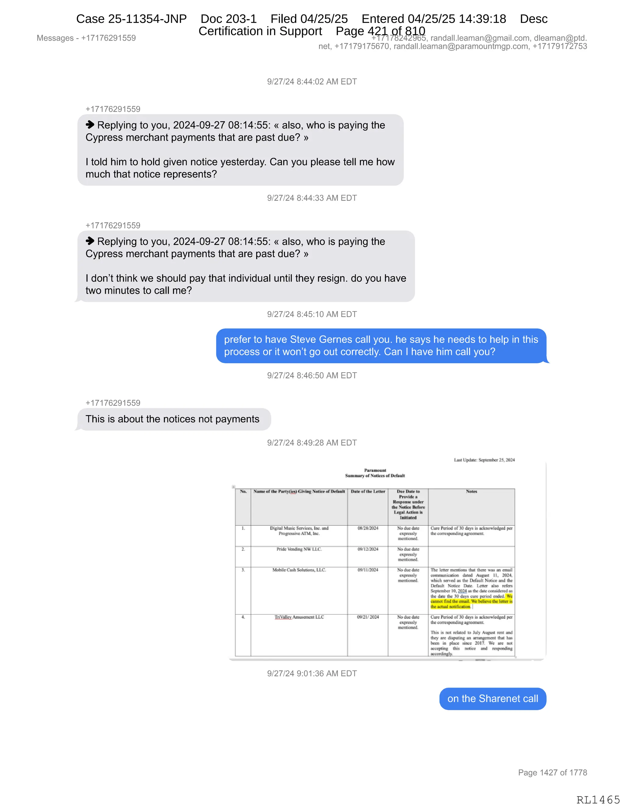 Messages - +17176291559 +17178242965, randall.leaman@gmail.com, dleaman@ptd.
net, +17179175670, randall.leaman@paramountmgp.com, +17179172753
9/27/24 8:44:02 AM EDT
+17176291559
Replying to you, 2024-09-27 08:14:55: « also, who is paying the
Cypress merchant payments that are past due? »
I told him to hold given notice yesterday. Can you please tell me how
much that notice represents?
9/27/24 8:44:33 AM EDT
+17176291559
Replying to you, 2024-09-27 08:14:55: « also, who is paying the
Cypress merchant payments that are past due? »
I don't think we should pay that individual until they resign. do you have
two minutes to call me?
9/27/24 8:45:10 AM EDT
prefer to have Steve Gernes call you. he says he needs to help in this
process or it won't go out correctly. Can I have him call you?
9/27/24 8:46:50 AM EDT
+17176291559
This is about the notices not payments
9/27/24 8:49:28 AM EDT
Laaí Updaer: Scpwaibcr 23.3024
Suena,. a ?lecke, uf ITeGull
Nlaulsf OW1.14170E0 ?fide@ lber Ihn ]alter - D••• t•
Pnwfd• •
Annam.ier
Nffik•Kim
Lid Ardan
~atol
%as
Alpe] Mann. Ser•Inen.1•0.1nad 00,20,2024
Prót.1..t ATM,Er.
1.1.3 cluePne
monticnsd.
G.. Verbal .3130days la .knowlcdged pos
the rcírtewn..huagroled.o.
pode Vezdhly Pak. 09/12/2024 /*a dmMe
0•0•1151y
mealiceed.
3. Llehal•CedaSebnima.LLG 0.011.1024 220nla.004
rgnmaly
Incrítimwd.
Th• Ya«nxmns Inc
r ,Krre nr
#1.8.A,1 I 01.1
az the 37elaulI íhe
Prflal Verter Clac 1.c-un 2: IrIrn
Ser•nnahn 10.2021u the cím.,.....i
,1.
dered
Ole date dm i0 day.. er..4J Wn
•••••11indalle [mal bnair, Ihr 1ralc: i.
flEnelml
4. 1'n1.Al.q. Amurraría ILLC OVIL/ 201.1
9/27/24 9:01:36 AM EDT
20 damddr Cwr Poloal orla)d•ysh eadinn•:Ld,and
atc oarrearamdles••••••rn
Thin in ed rabled b haly - leo and
üry r0, diwain r ameme• th•I
buz in •1••• time 2011 PM dar nal
:ea:~ 'hin mak* rel reepondin•
_~1
on the Sharenet call
Page 1427 of 1778
RL1465
Case 25-11354-JNP Doc 203-1 Filed 04/25/25 Entered 04/25/25 14:39:18 Desc
Certification in Support Page 421 of 810
 