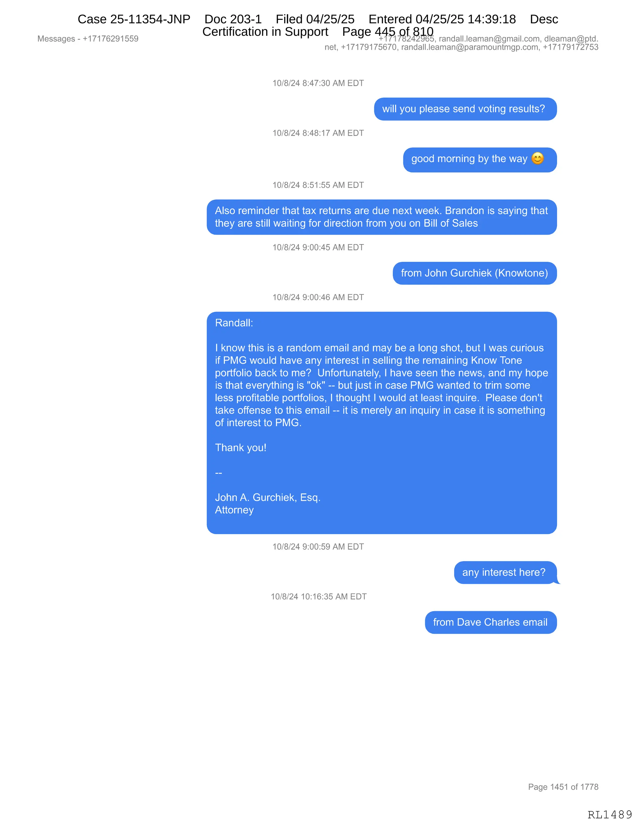 Daryl Heller Bankruptcy Court Filing (text messages and transcripts)