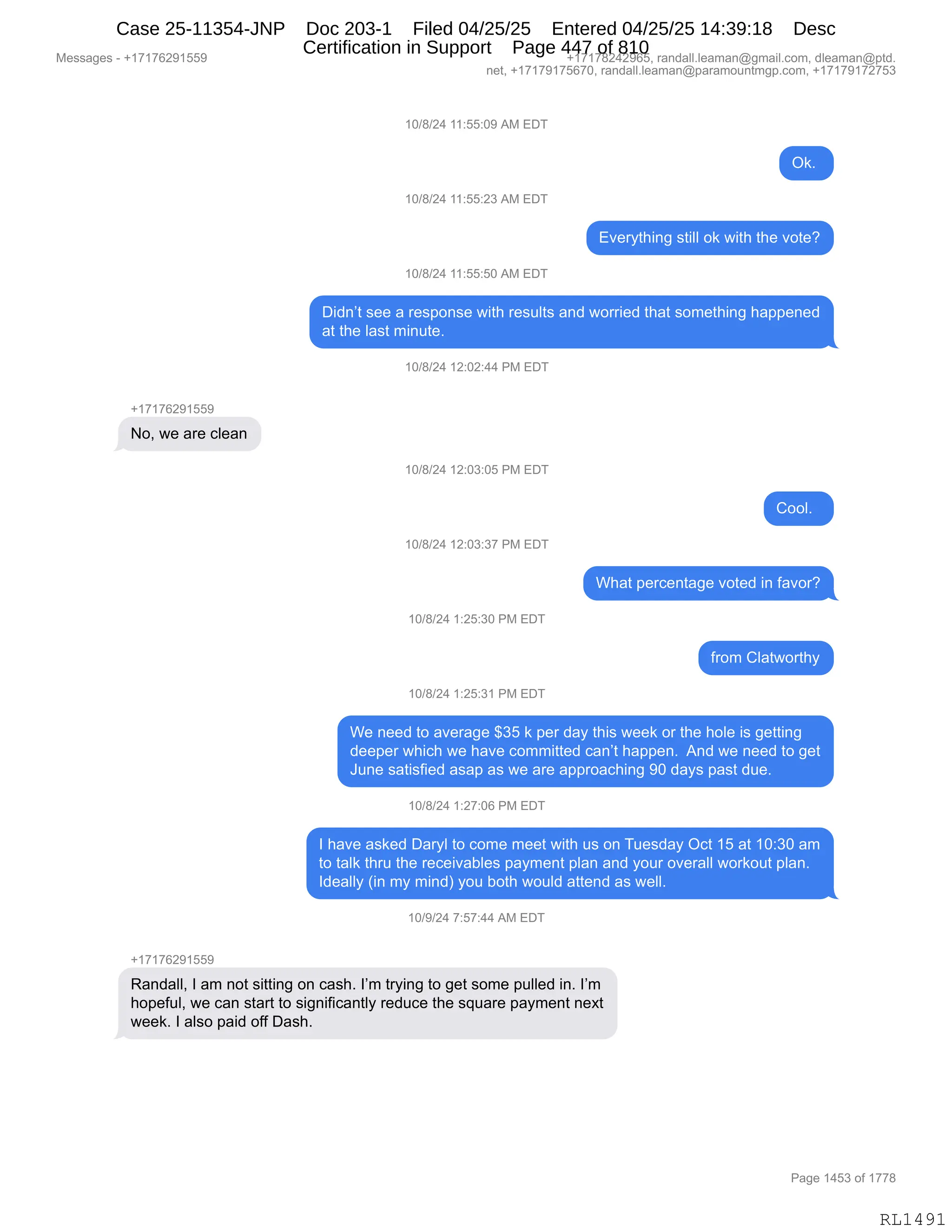 Daryl Heller Bankruptcy Court Filing (text messages and transcripts)