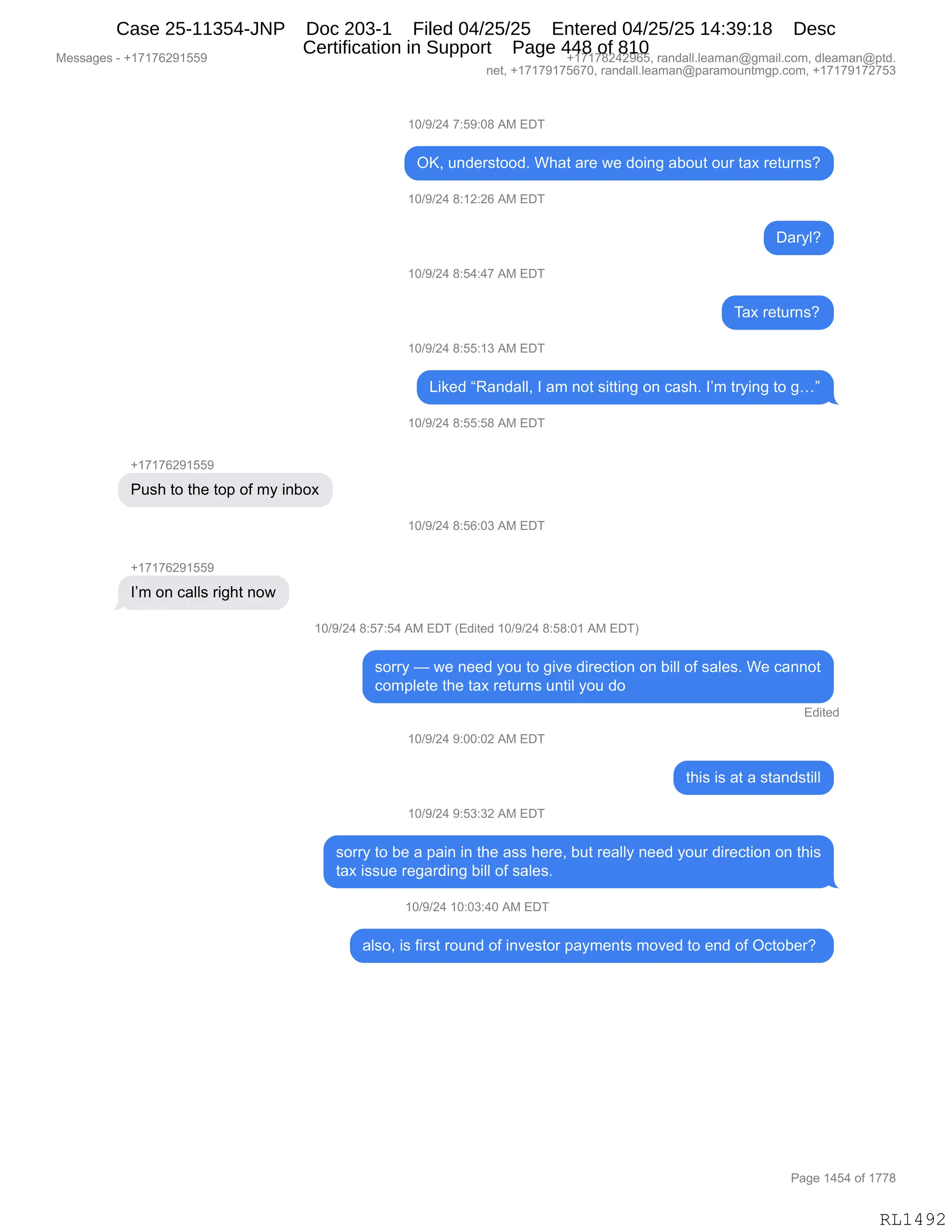 Daryl Heller Bankruptcy Court Filing (text messages and transcripts)