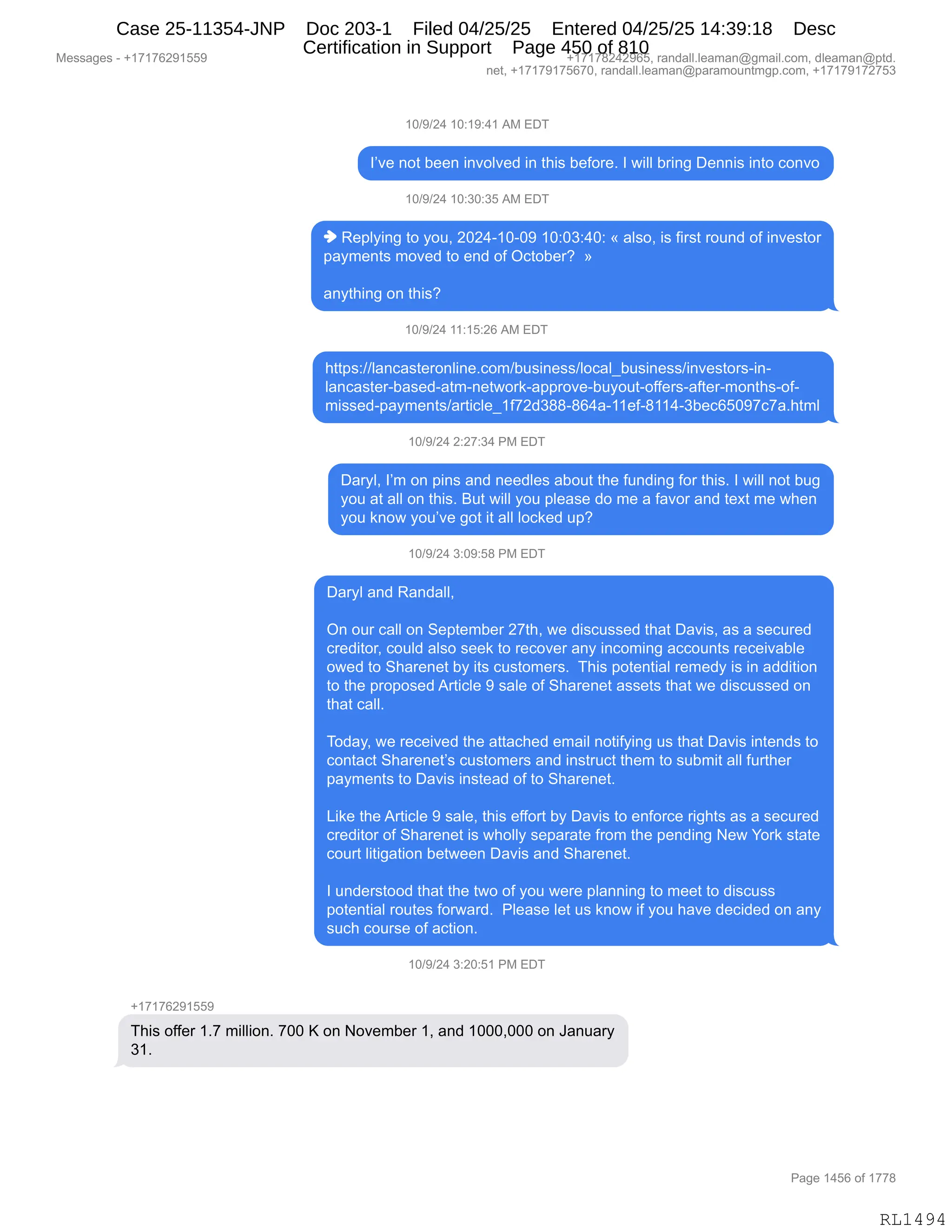 Daryl Heller Bankruptcy Court Filing (text messages and transcripts)