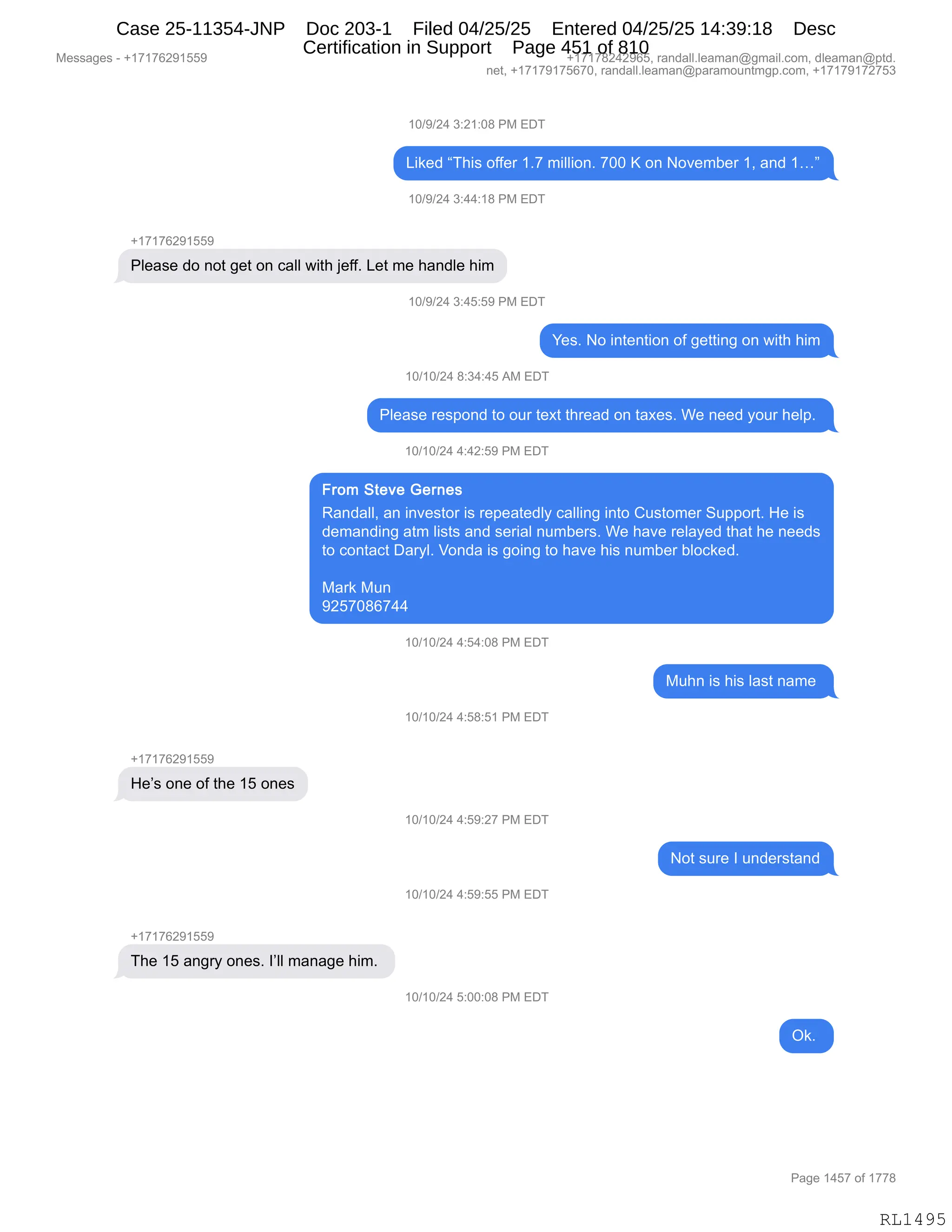 Daryl Heller Bankruptcy Court Filing (text messages and transcripts)