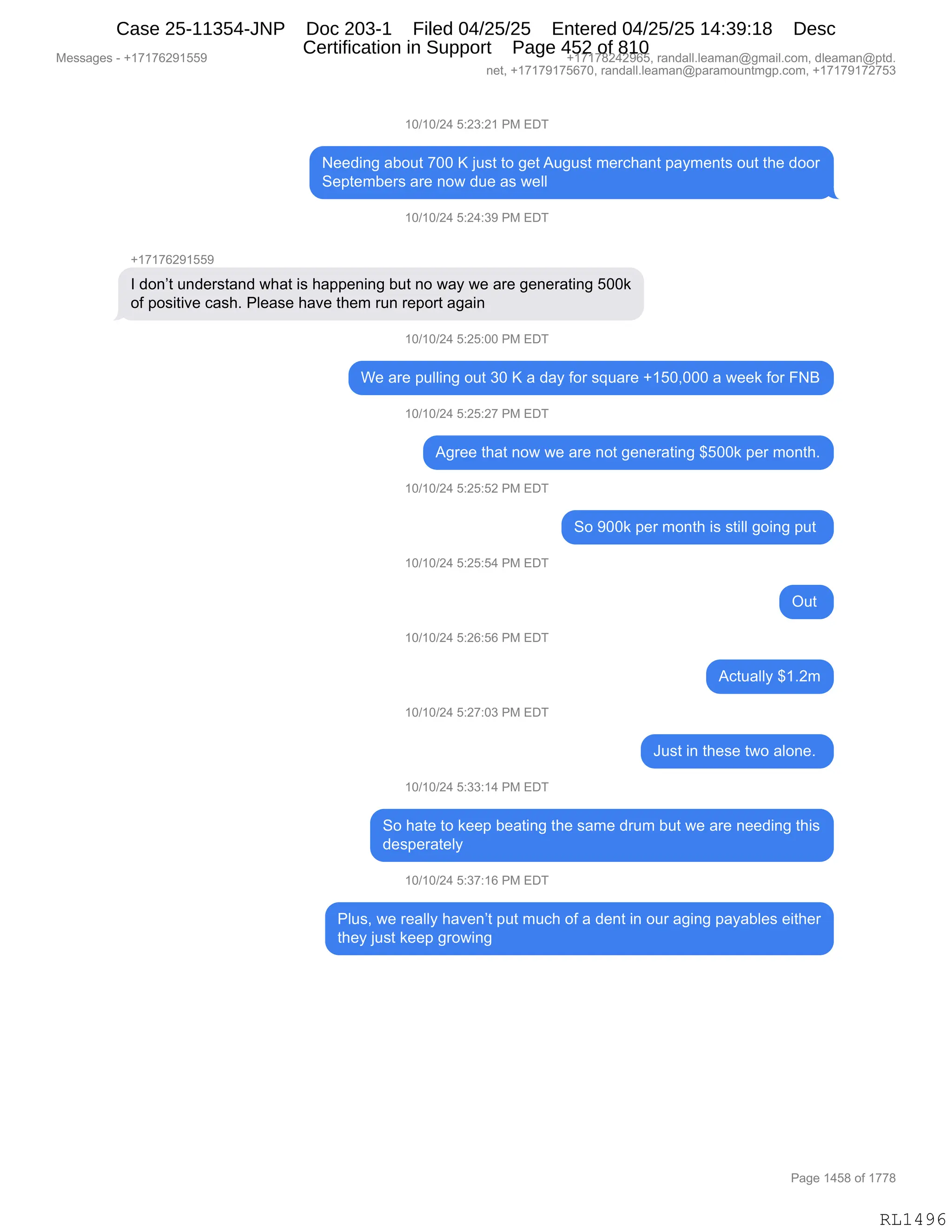 Daryl Heller Bankruptcy Court Filing (text messages and transcripts)