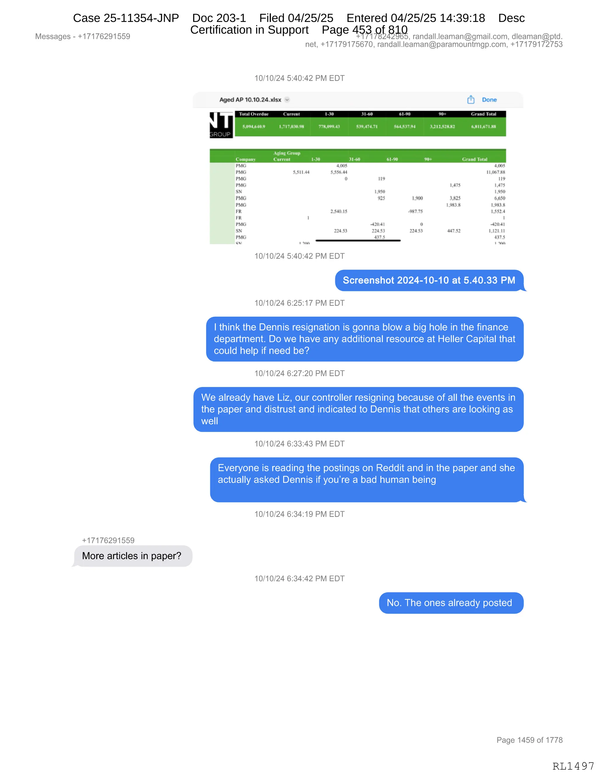 Daryl Heller Bankruptcy Court Filing (text messages and transcripts)