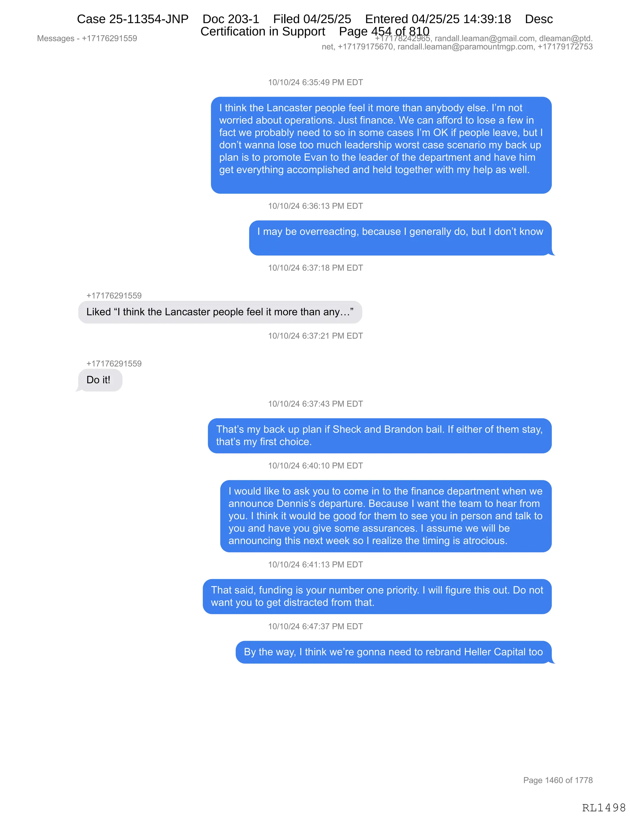 Daryl Heller Bankruptcy Court Filing (text messages and transcripts)