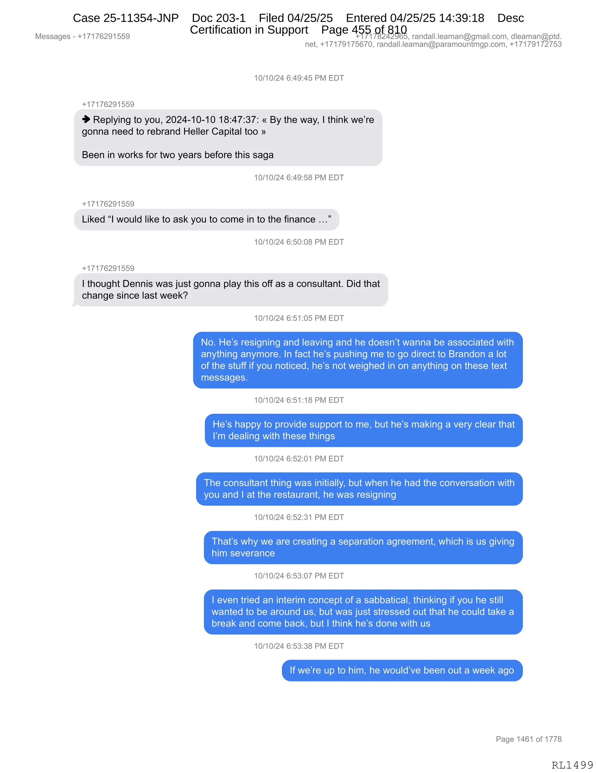 Daryl Heller Bankruptcy Court Filing (text messages and transcripts)