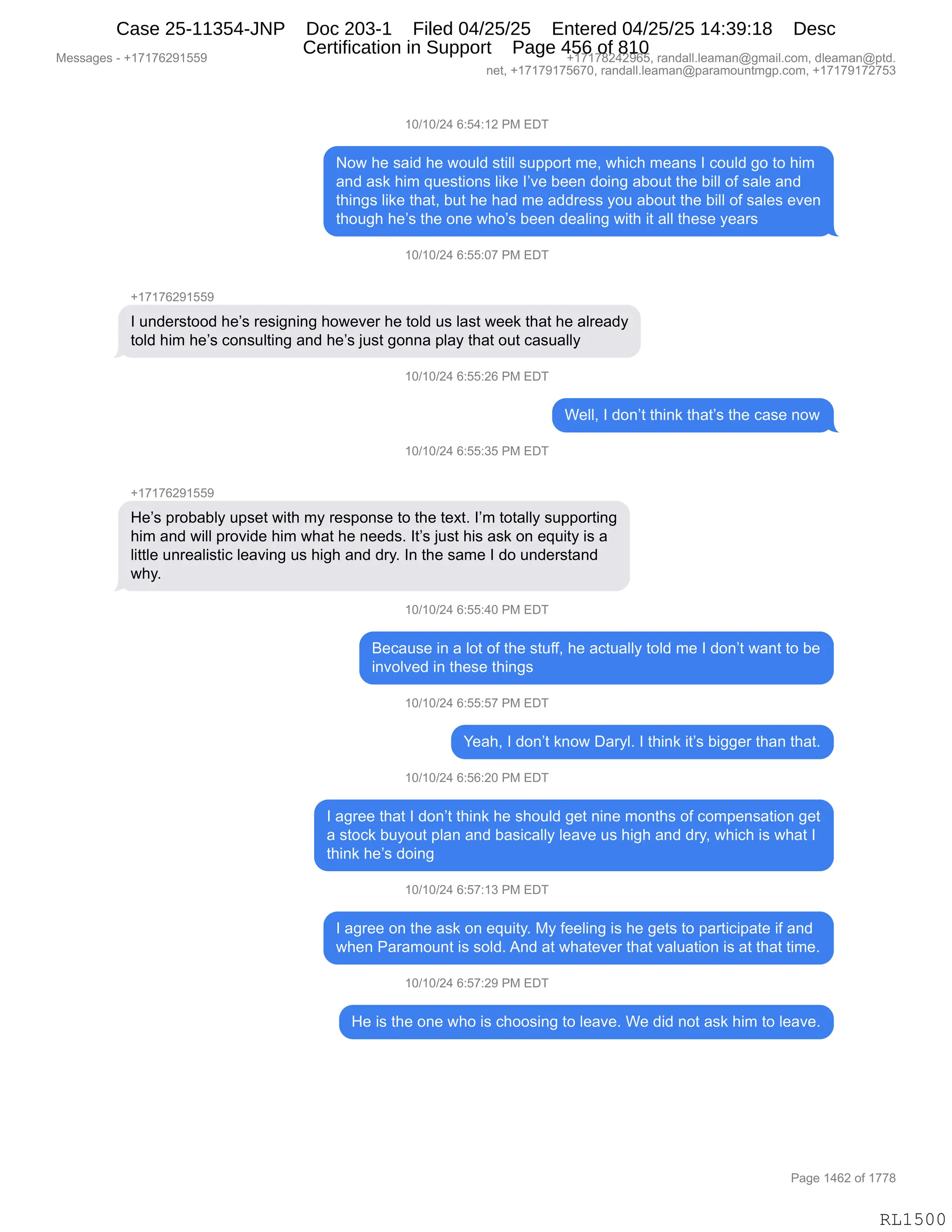 Daryl Heller Bankruptcy Court Filing (text messages and transcripts)