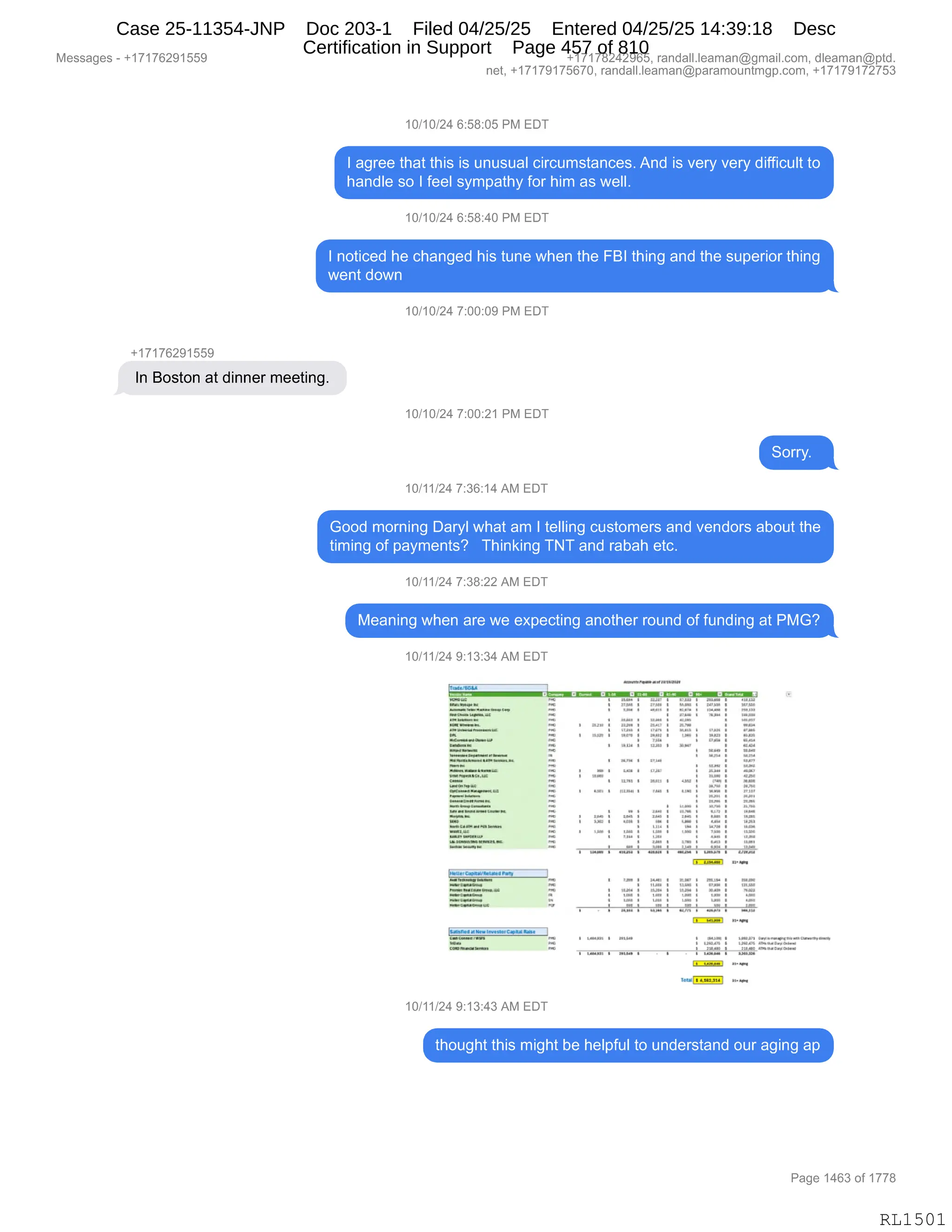 Daryl Heller Bankruptcy Court Filing (text messages and transcripts)