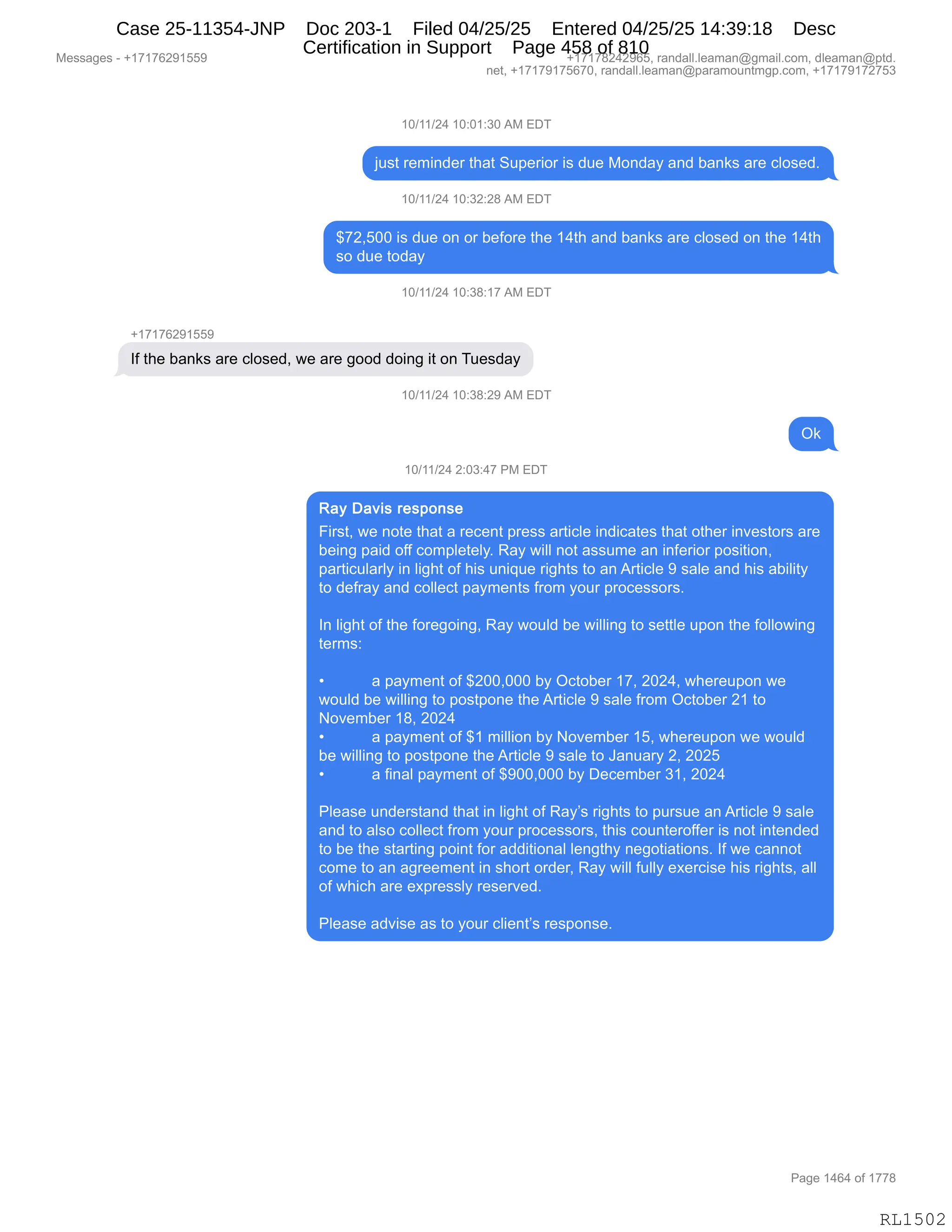 Daryl Heller Bankruptcy Court Filing (text messages and transcripts)