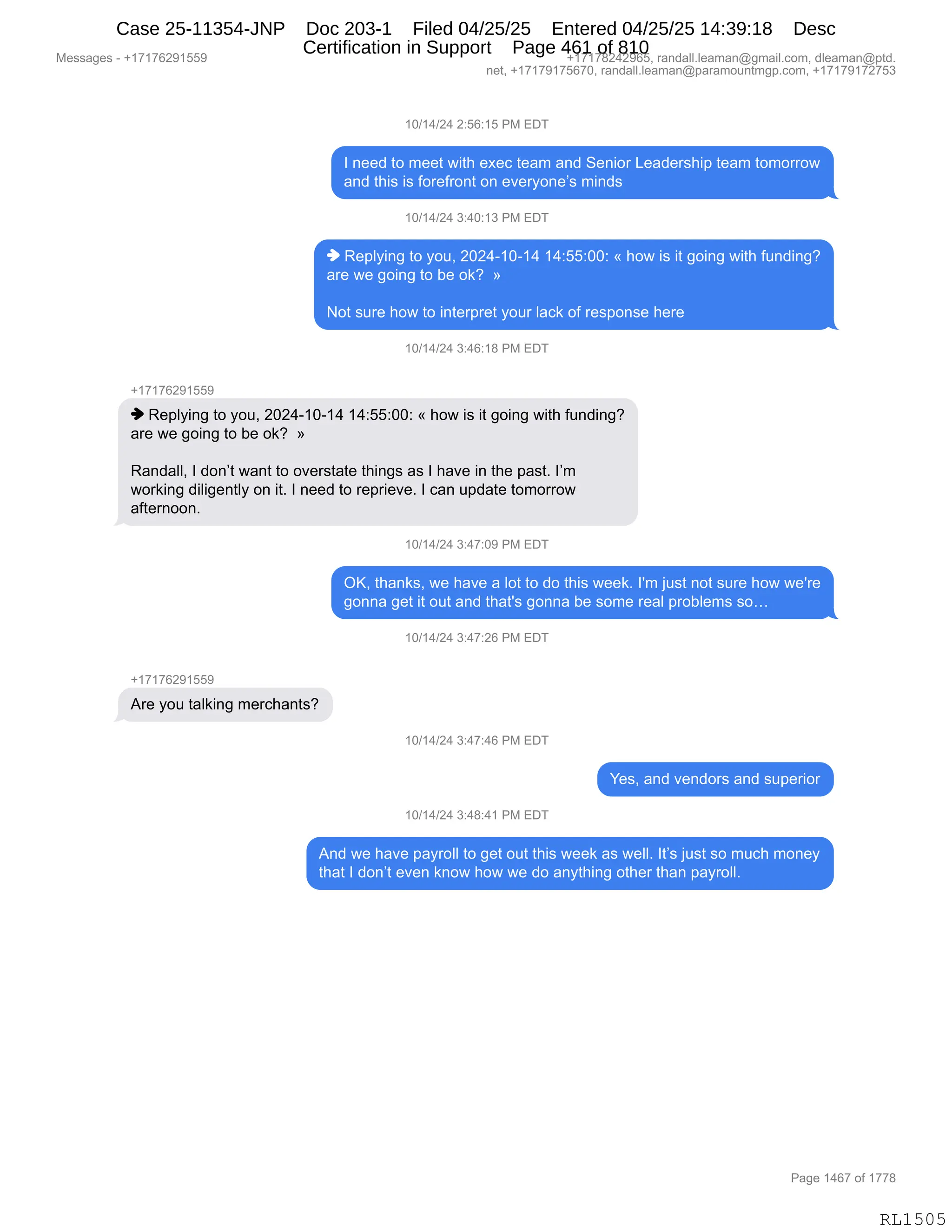 Daryl Heller Bankruptcy Court Filing (text messages and transcripts)