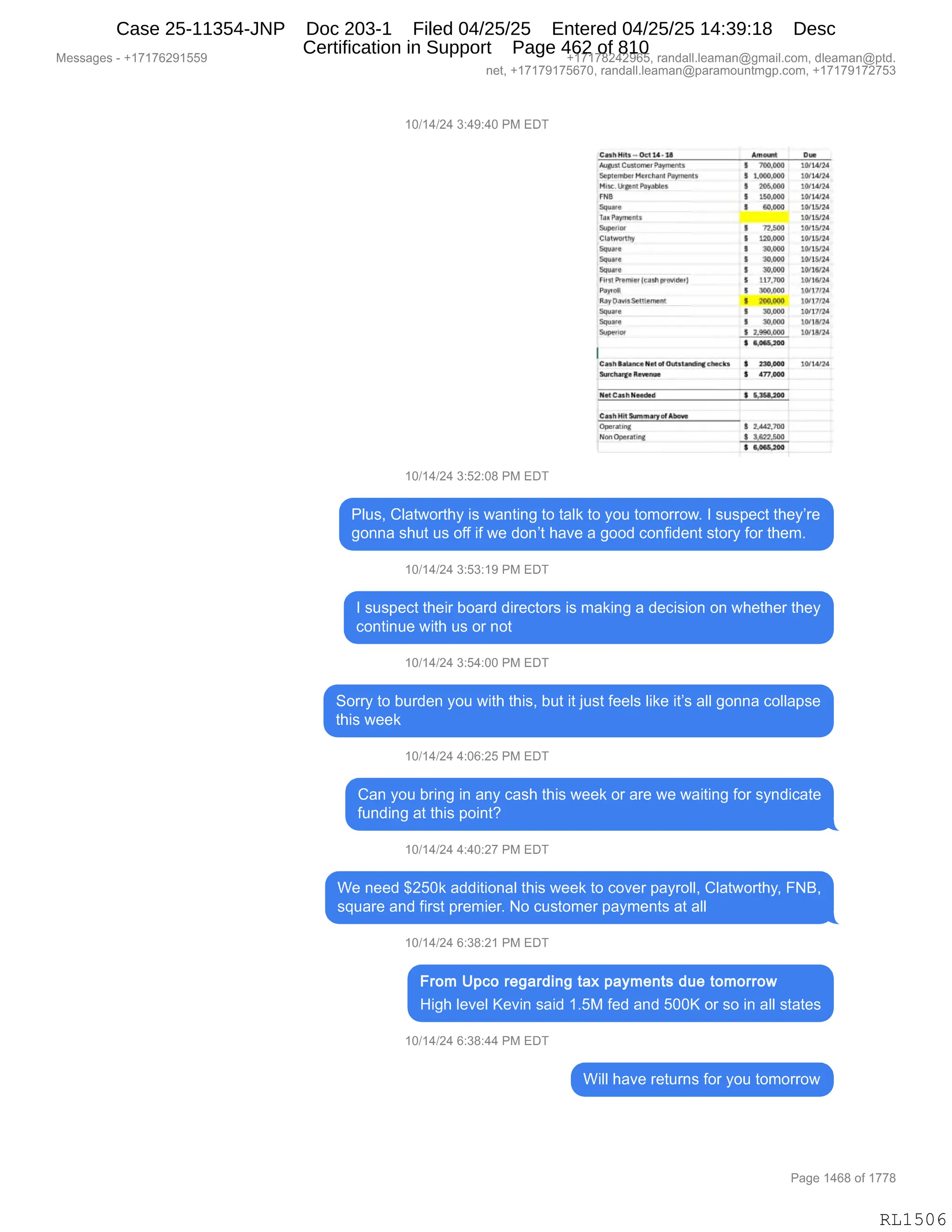 Daryl Heller Bankruptcy Court Filing (text messages and transcripts)