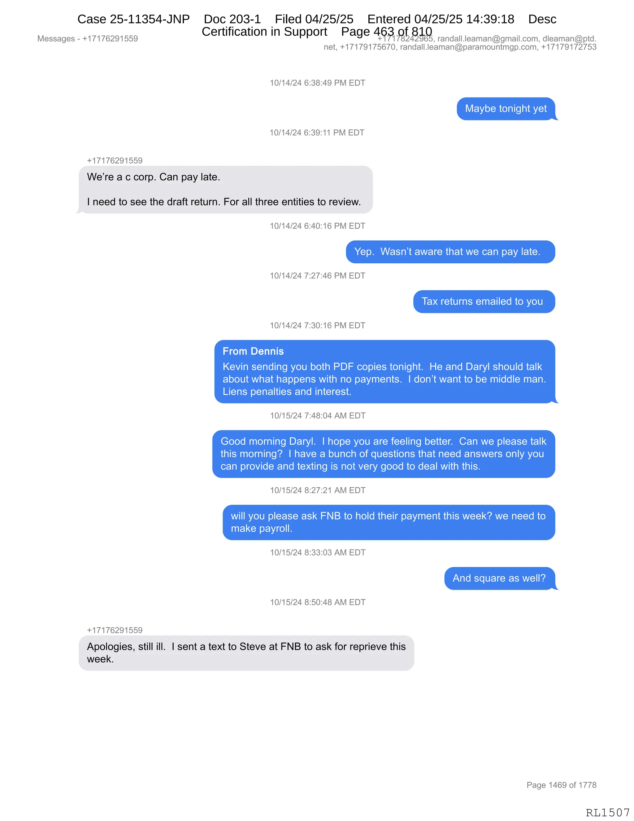 Daryl Heller Bankruptcy Court Filing (text messages and transcripts)