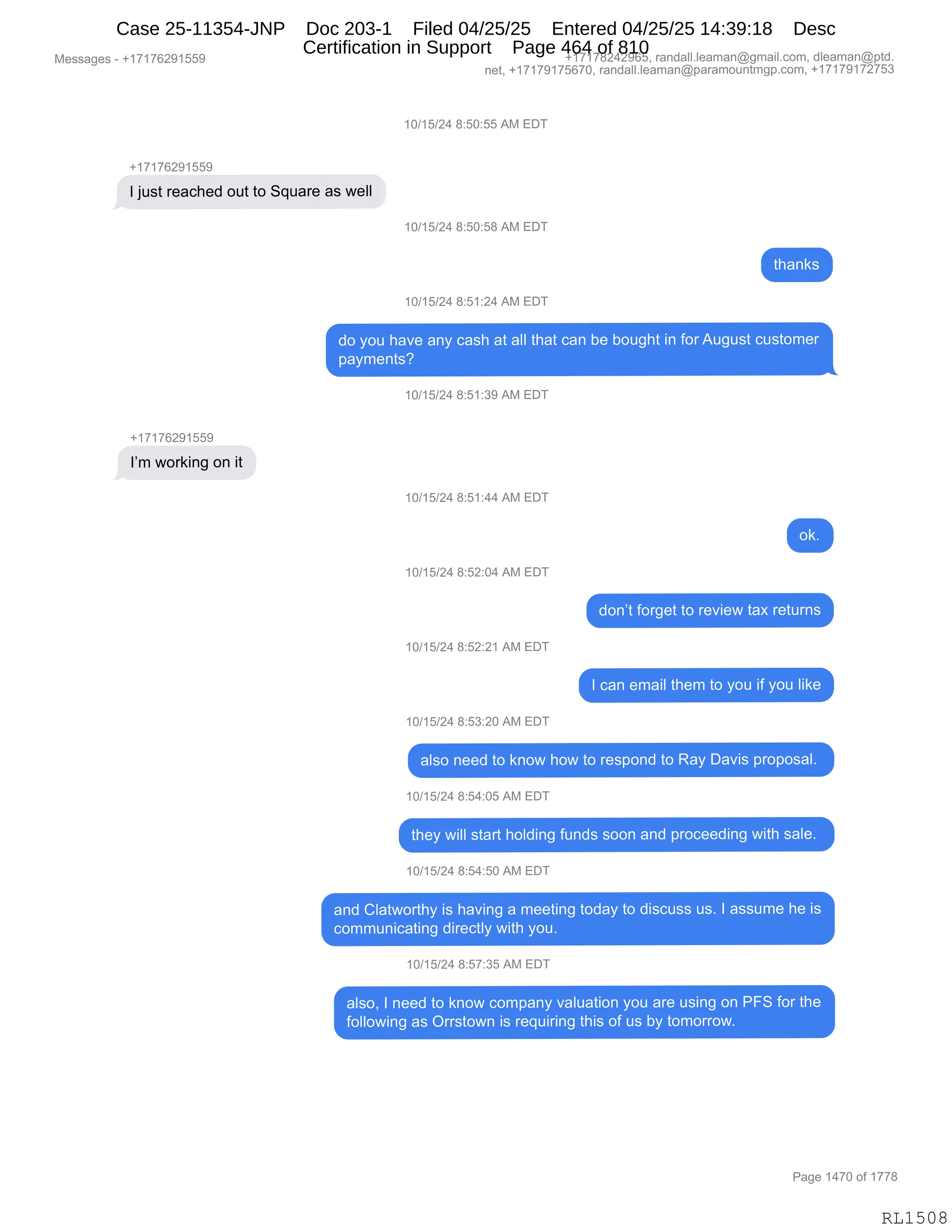 Daryl Heller Bankruptcy Court Filing (text messages and transcripts)