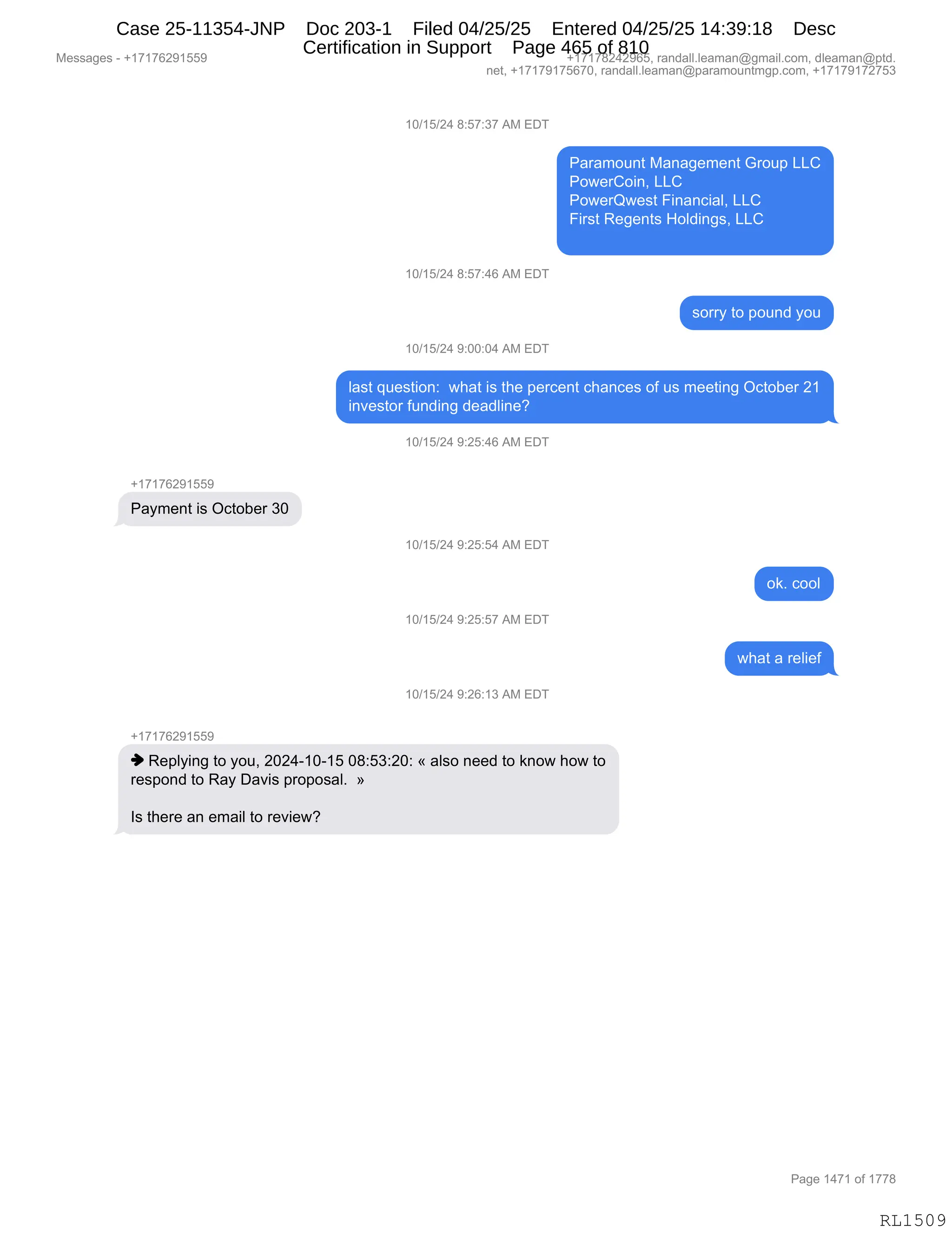 Daryl Heller Bankruptcy Court Filing (text messages and transcripts)