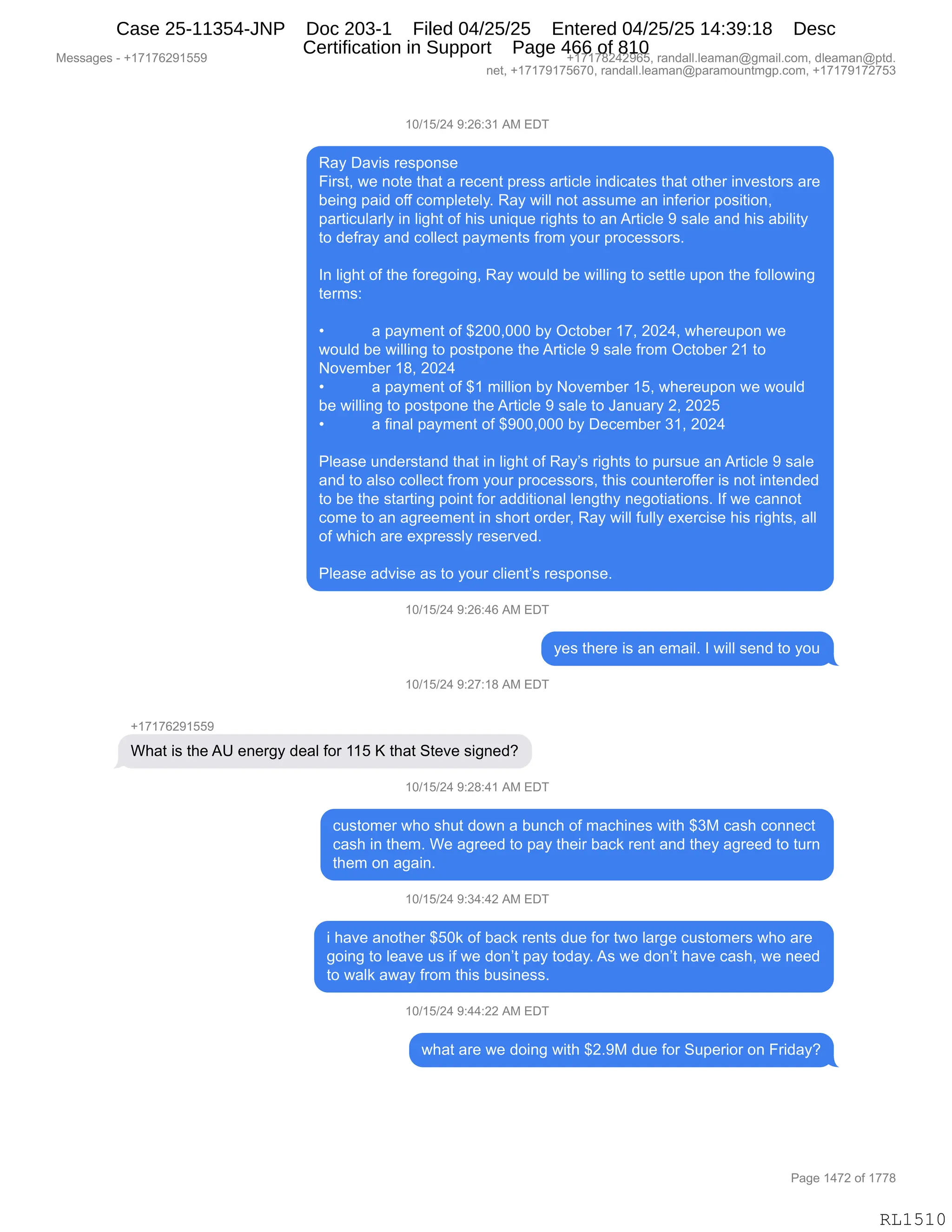 Daryl Heller Bankruptcy Court Filing (text messages and transcripts)