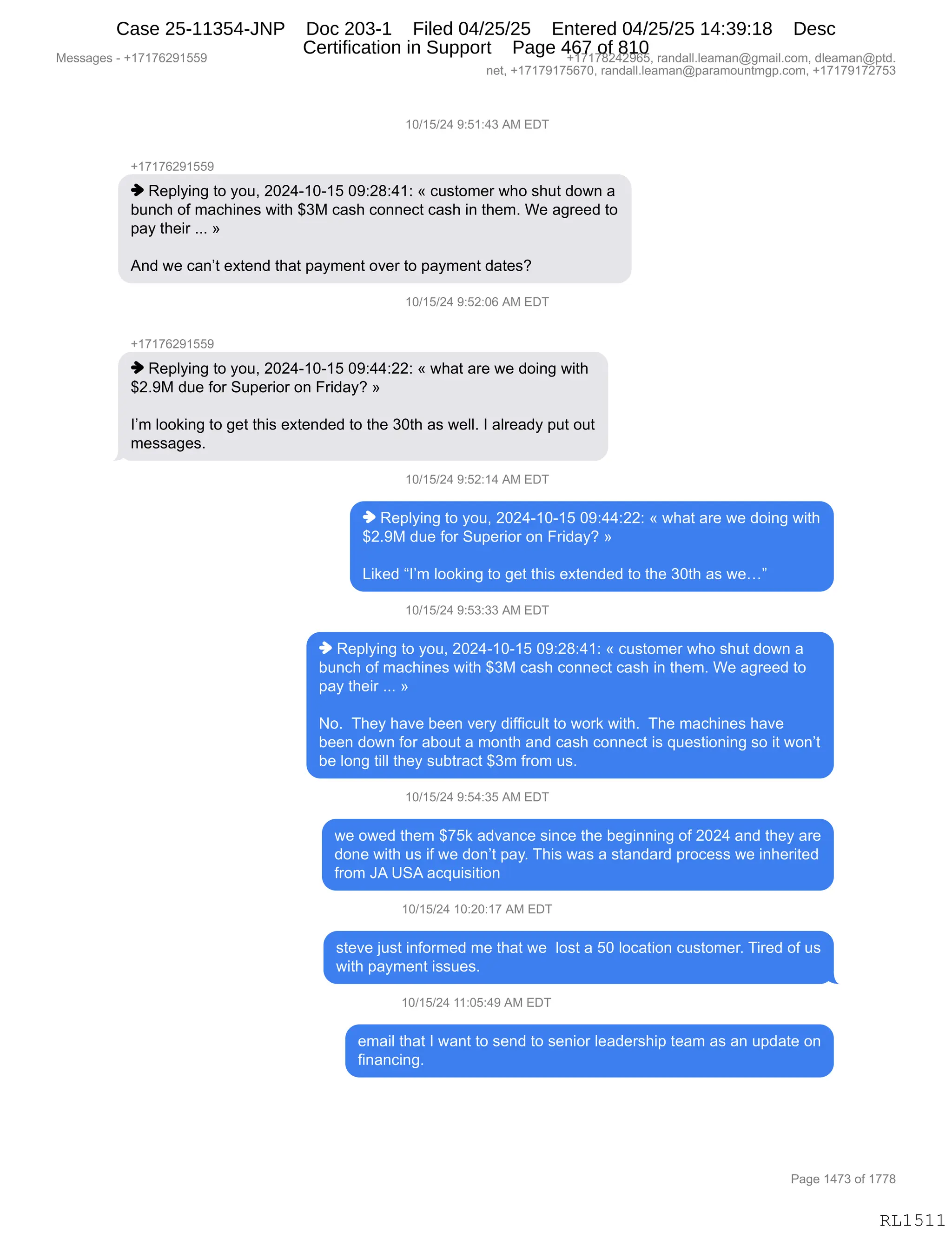 Daryl Heller Bankruptcy Court Filing (text messages and transcripts)