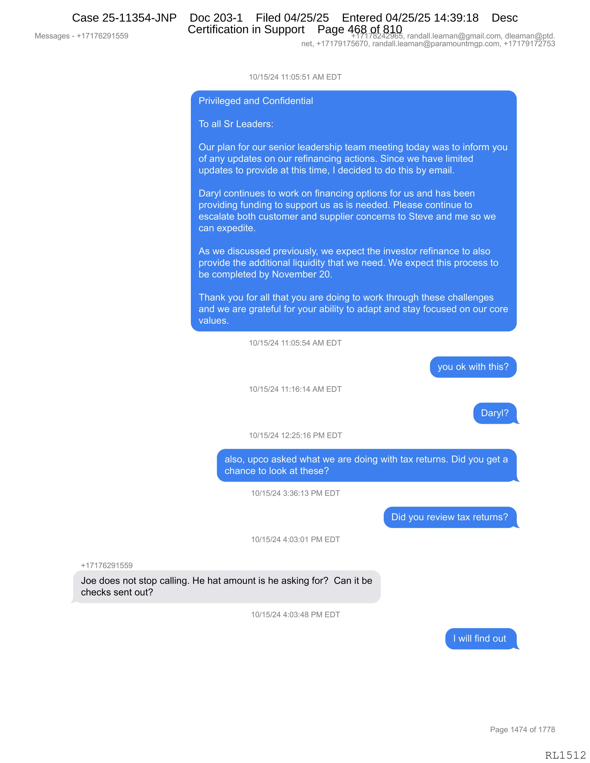 Daryl Heller Bankruptcy Court Filing (text messages and transcripts)