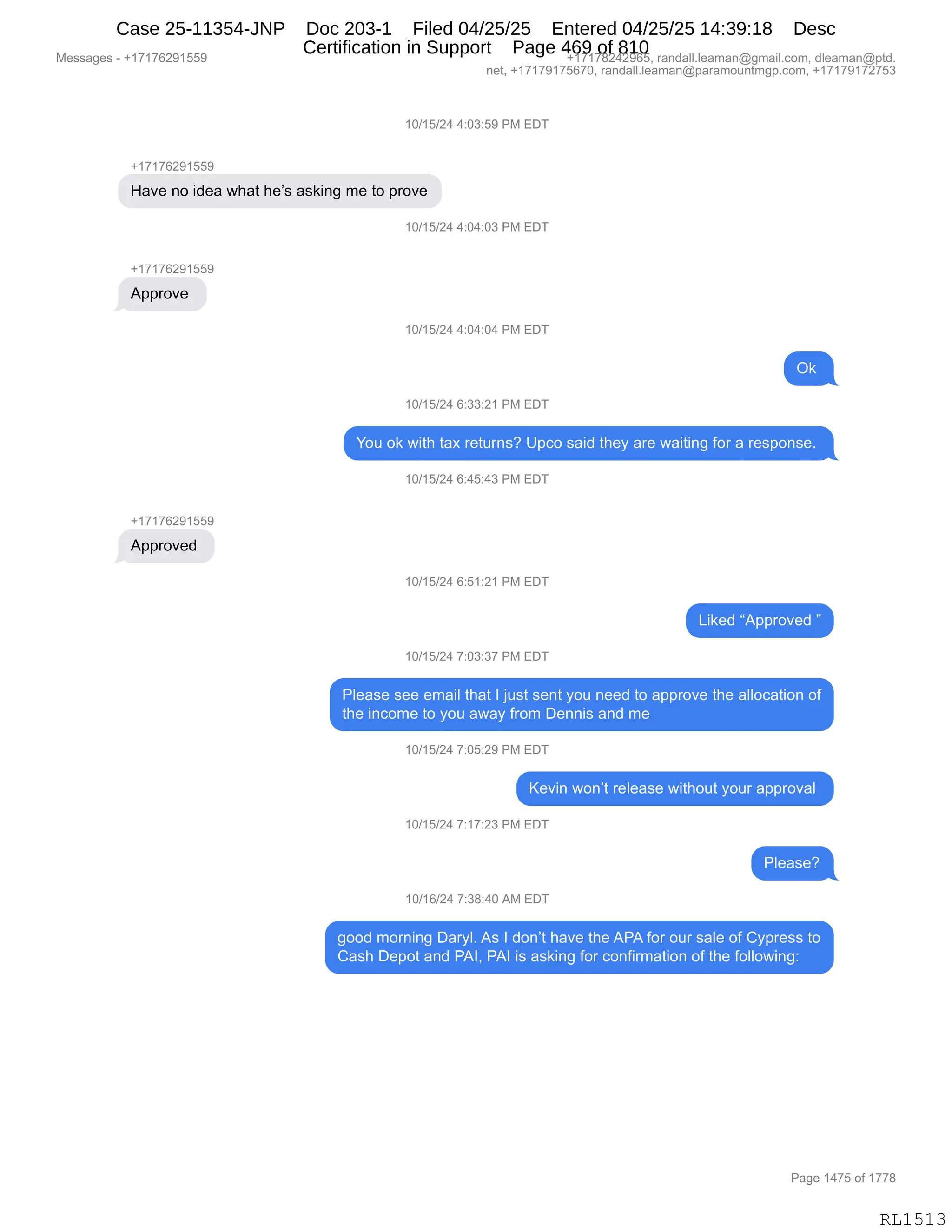 Daryl Heller Bankruptcy Court Filing (text messages and transcripts)